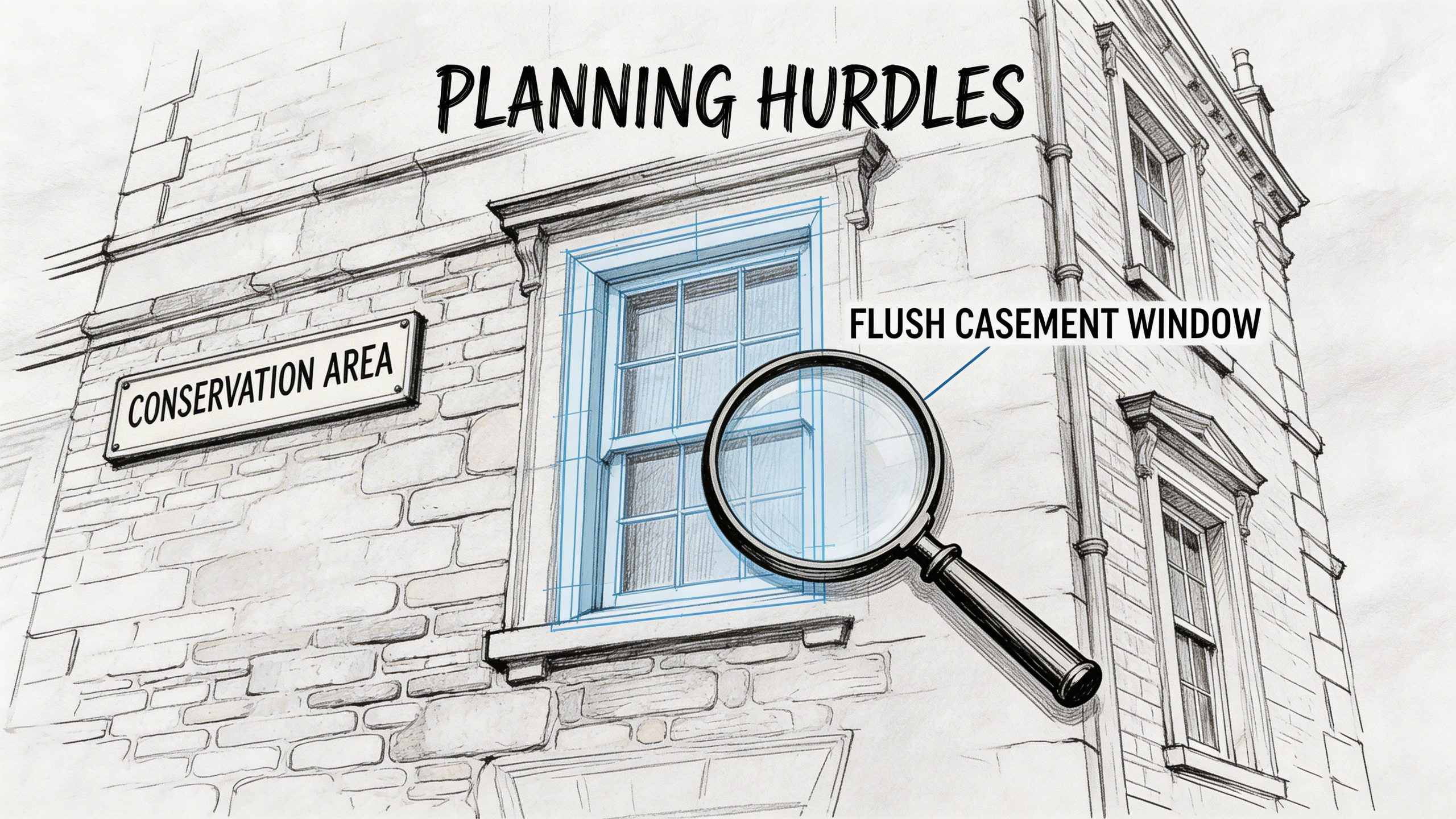 A pencil sketch of a stone building in a conservation area, highlighting a flush casement window design.
