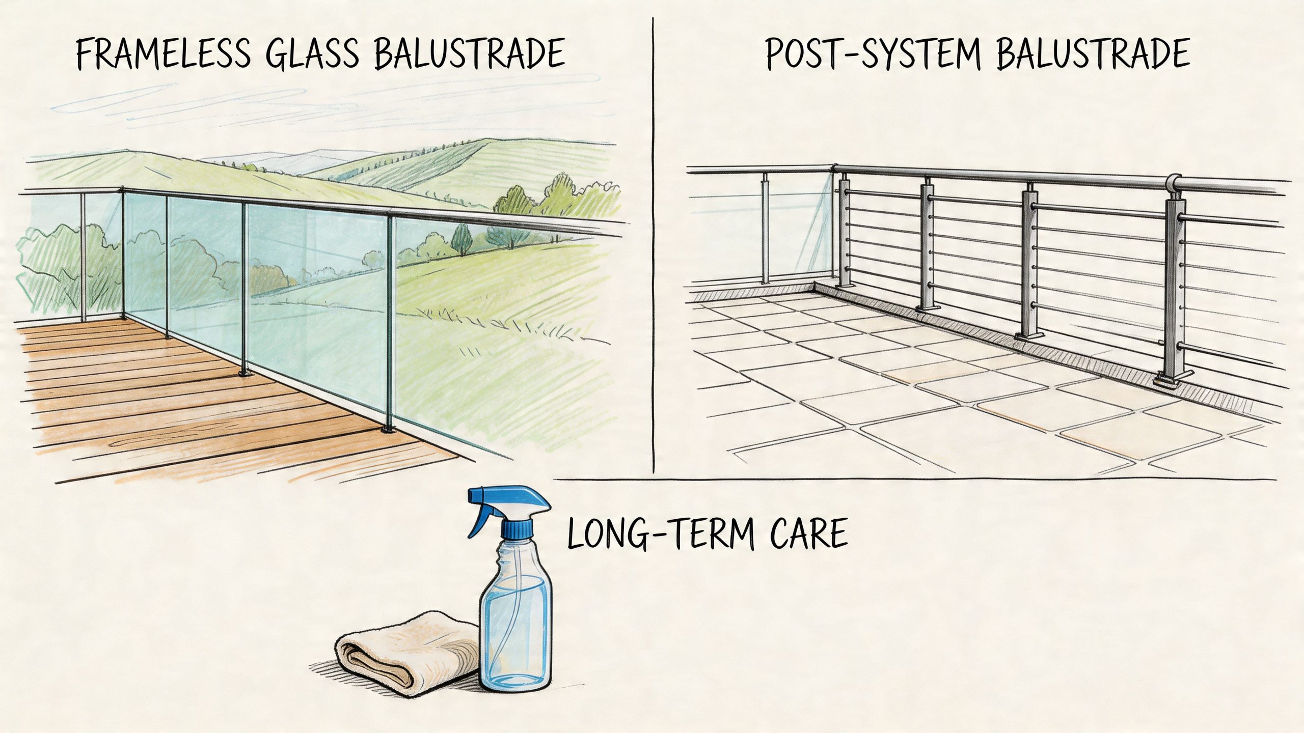 A comparison between a frameless glass balustrade and a post-system balustrade with maintenance supplies for cleaning.
