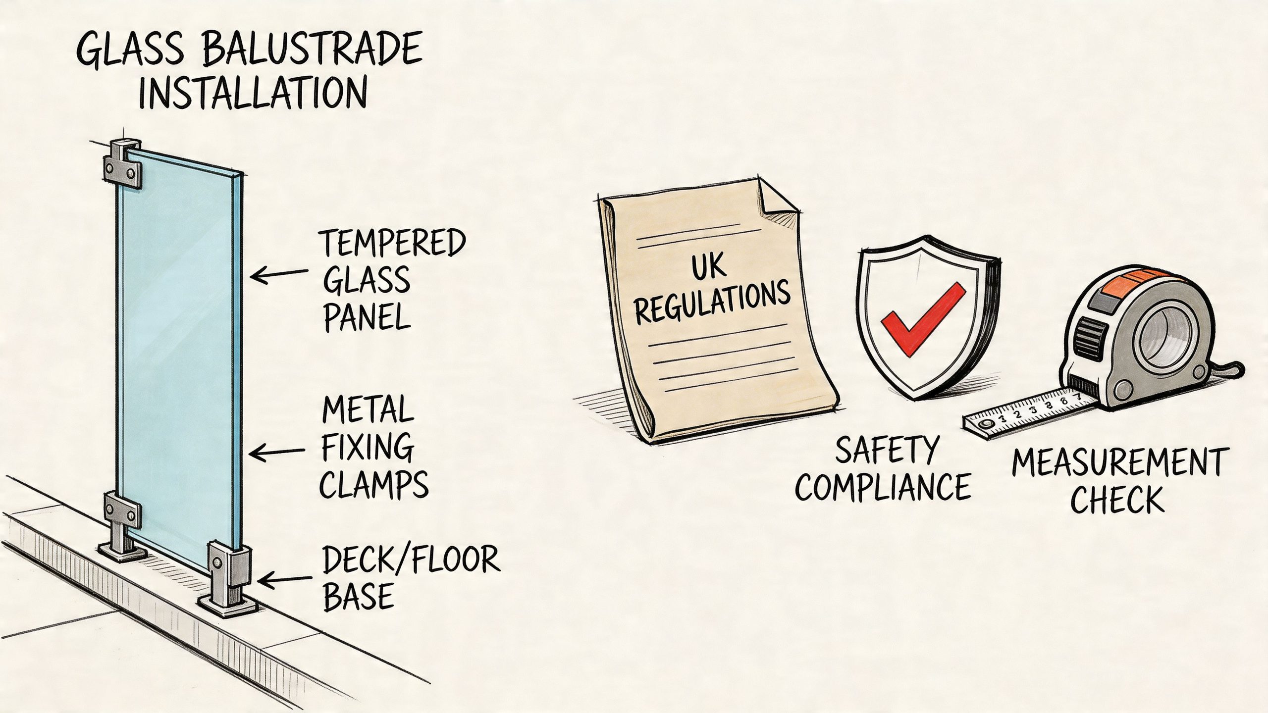 A diagram illustrating the installation of a glass balustrade with components, safety compliance, and measurement tools.