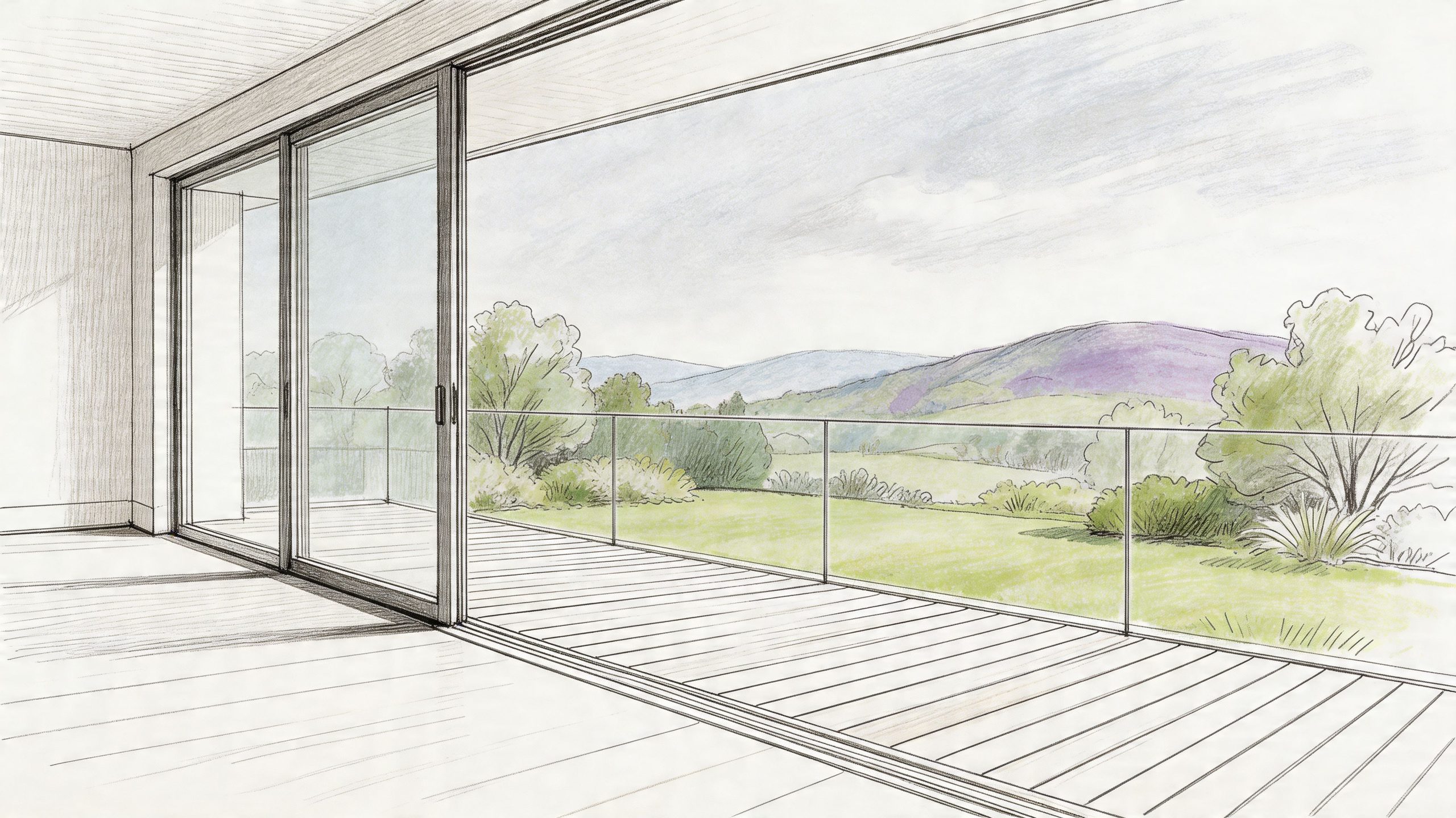 A modern balcony with a frameless glass balustrade overlooking a scenic landscape with hills and trees.