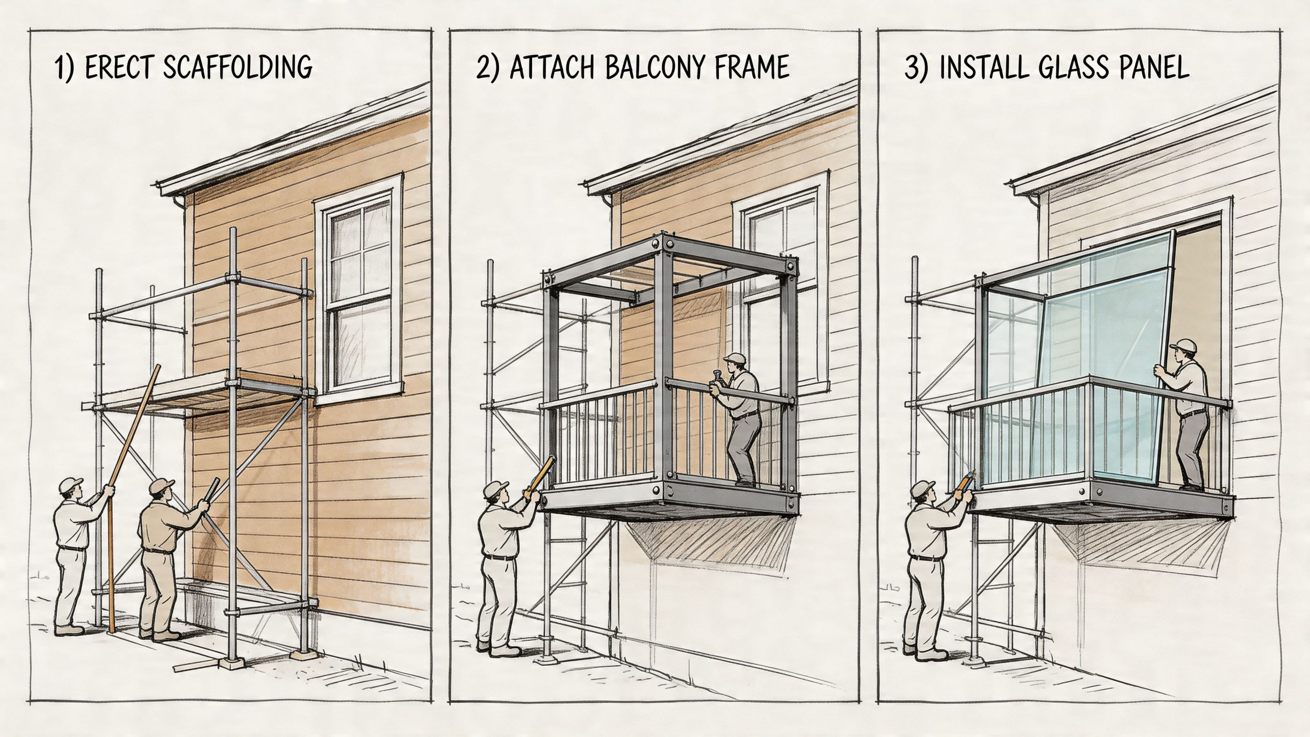 A three-step technical illustration showing construction workers building a balcony onto the side of a house.