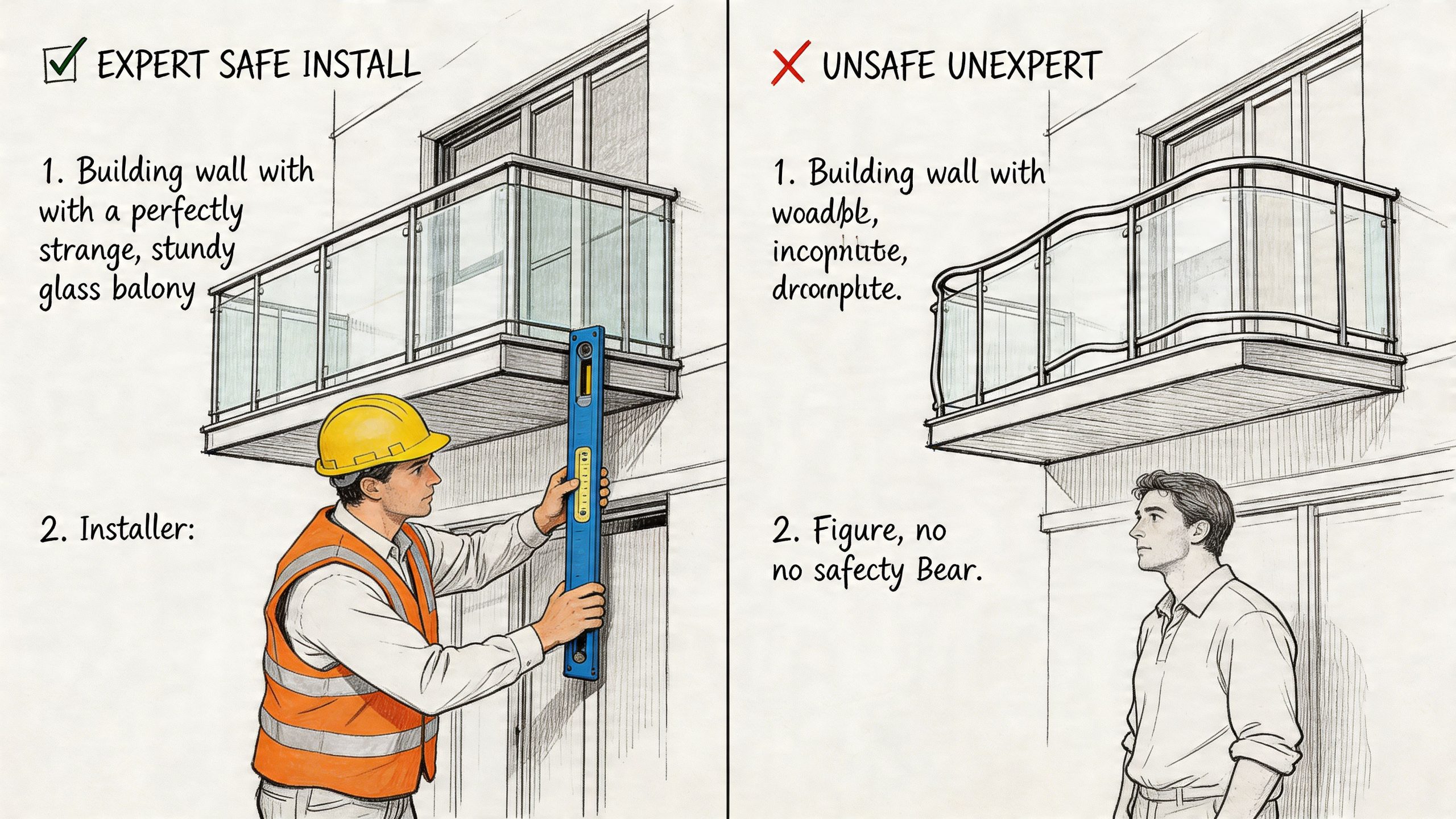 A comparison showing an expert using a level to install a sturdy balcony versus an unsafe installation.