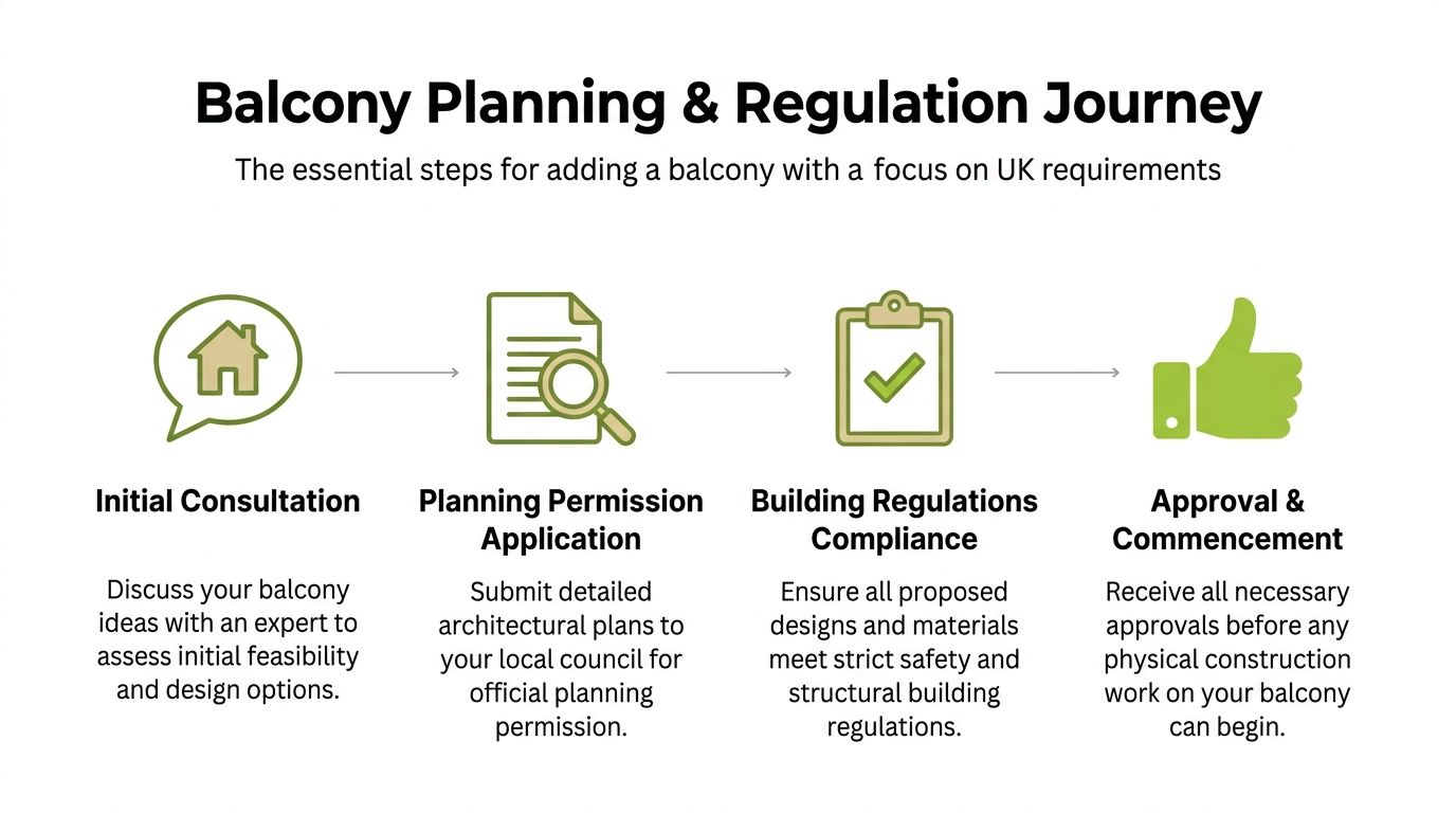 A flowchart showing the four essential steps for obtaining planning and building permission for a UK balcony.