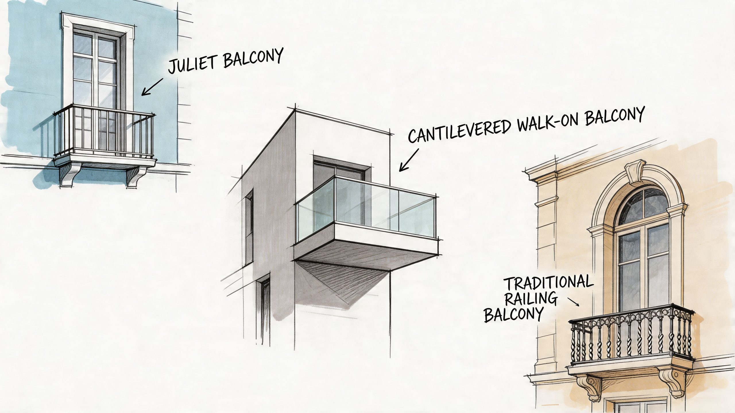 Three architectural sketches showing different styles of balconies: a Juliet, a cantilevered walk-on, and a traditional railing.