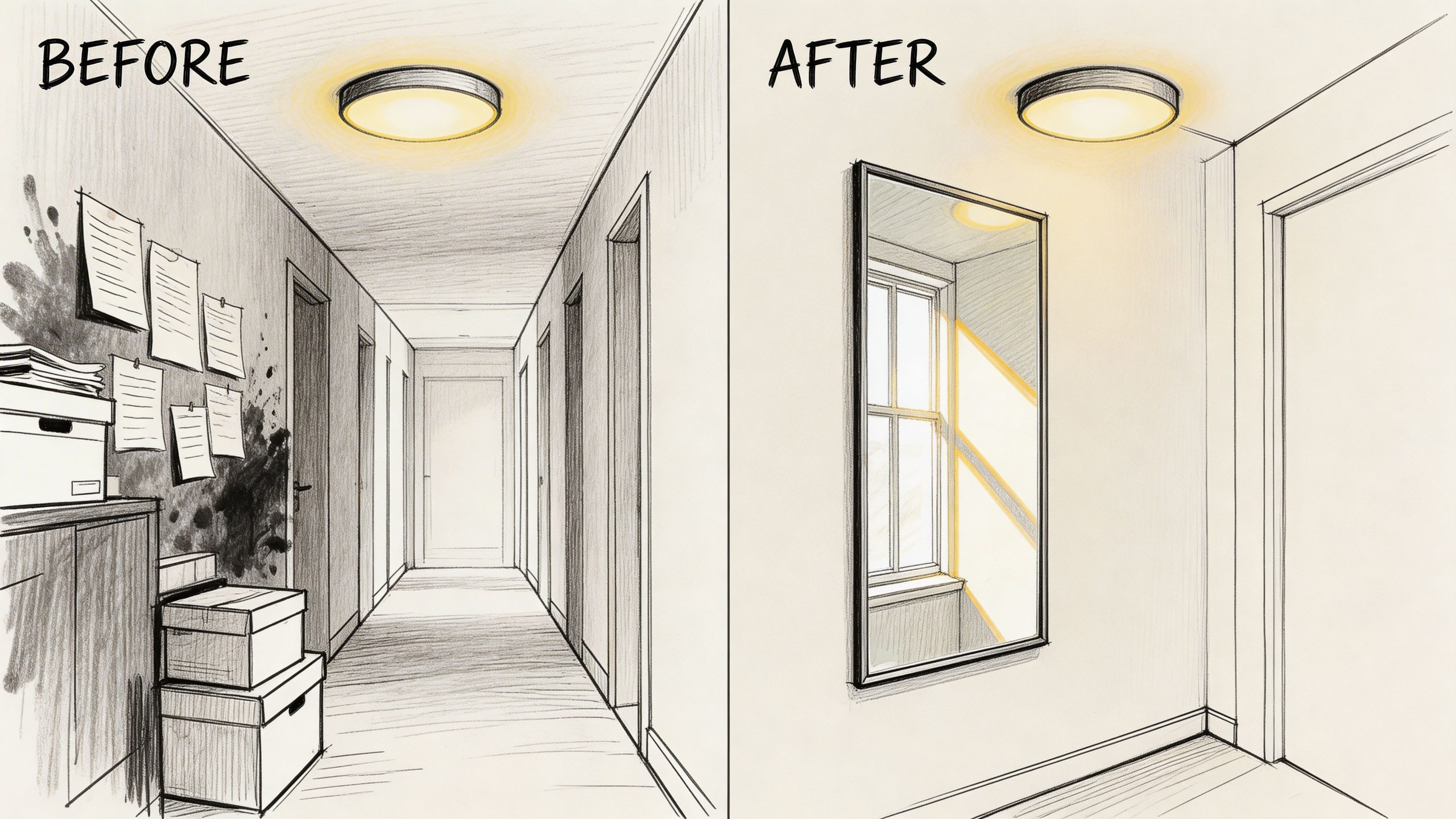 A split image showing a cluttered dark hallway transformed into a clean, minimalist space with a mirror.