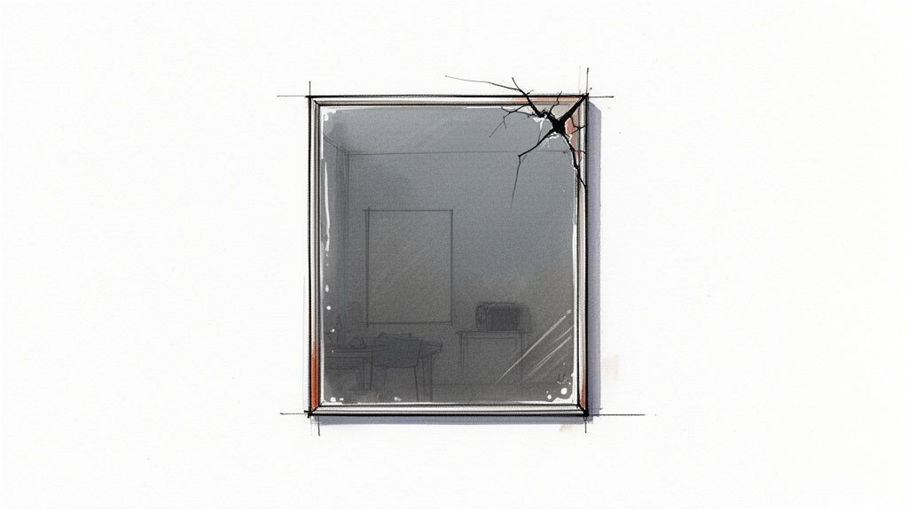 A minimalist sketch of a cracked rectangular mirror reflecting a simple, sparsely furnished room.