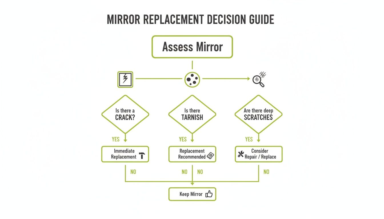 Flowchart guiding mirror replacement decisions based on assessing cracks, tarnish, and deep scratches.