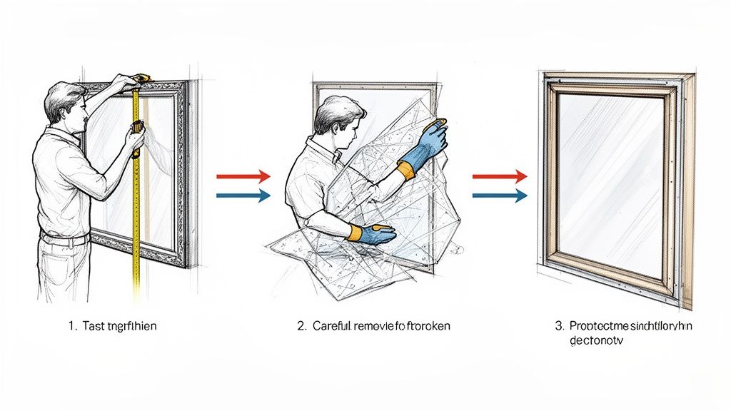 Illustration showing three steps to replace a broken mirror or glass in a frame.