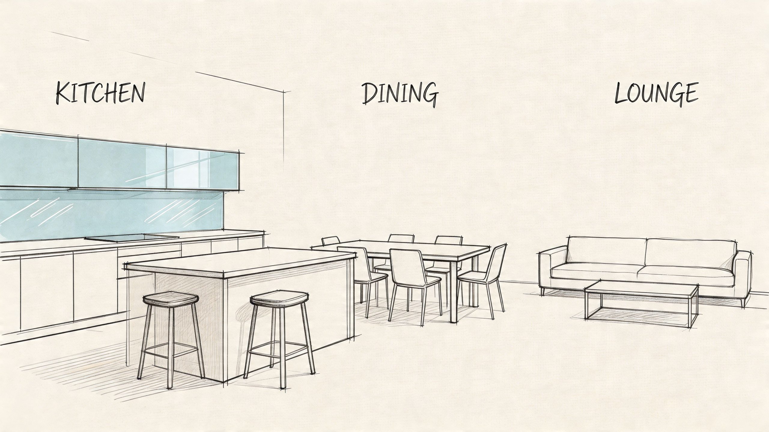 A minimalist architectural sketch showing an open plan layout with a kitchen island, dining table, and lounge area.