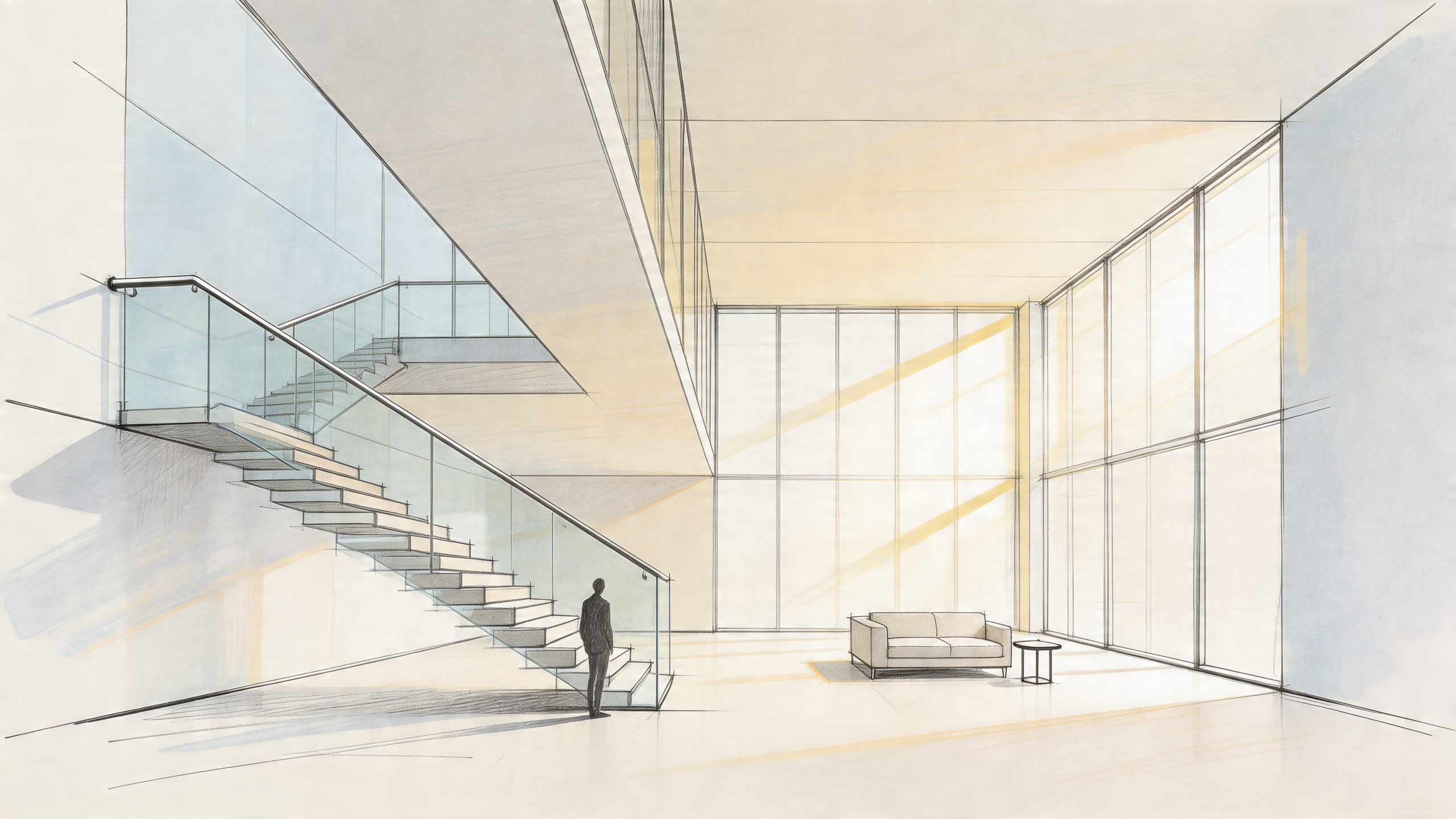 A modern, open-plan interior design sketch featuring a sleek glass staircase, high ceilings, and a minimalist sofa.