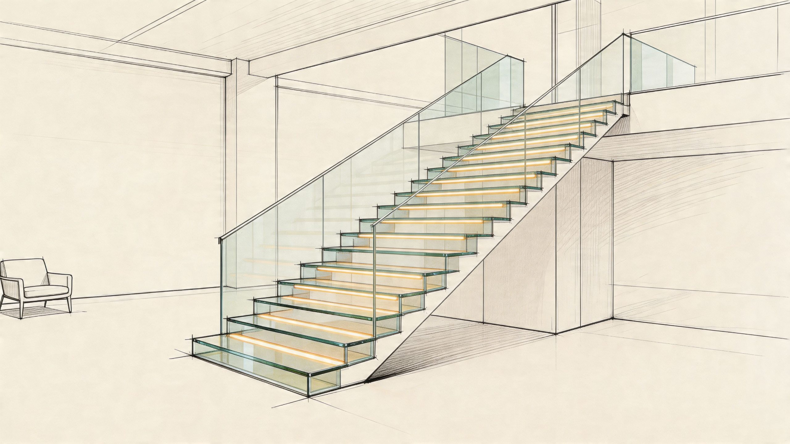 A minimalist architectural sketch of a modern floating staircase with glass railings and glowing step lights.