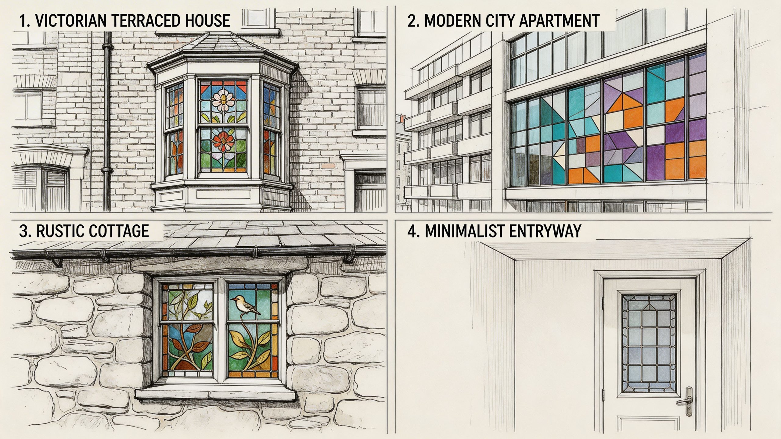 Four different architectural scenes featuring various styles of decorative stained glass windows in homes and apartments.