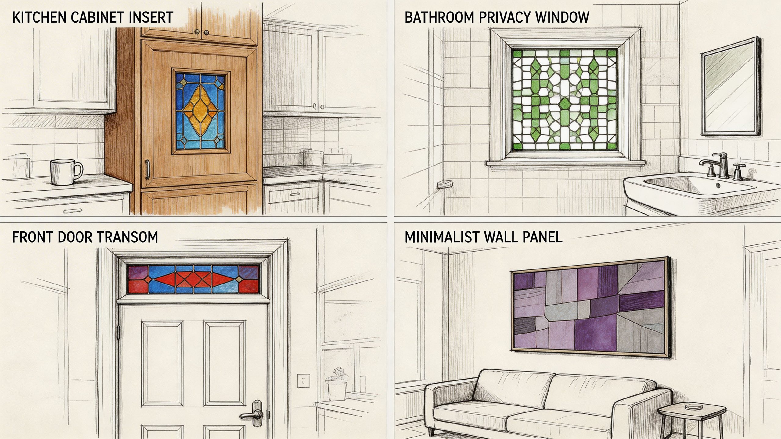 A collage showing four interior design examples featuring decorative patterned stained glass in various home settings.