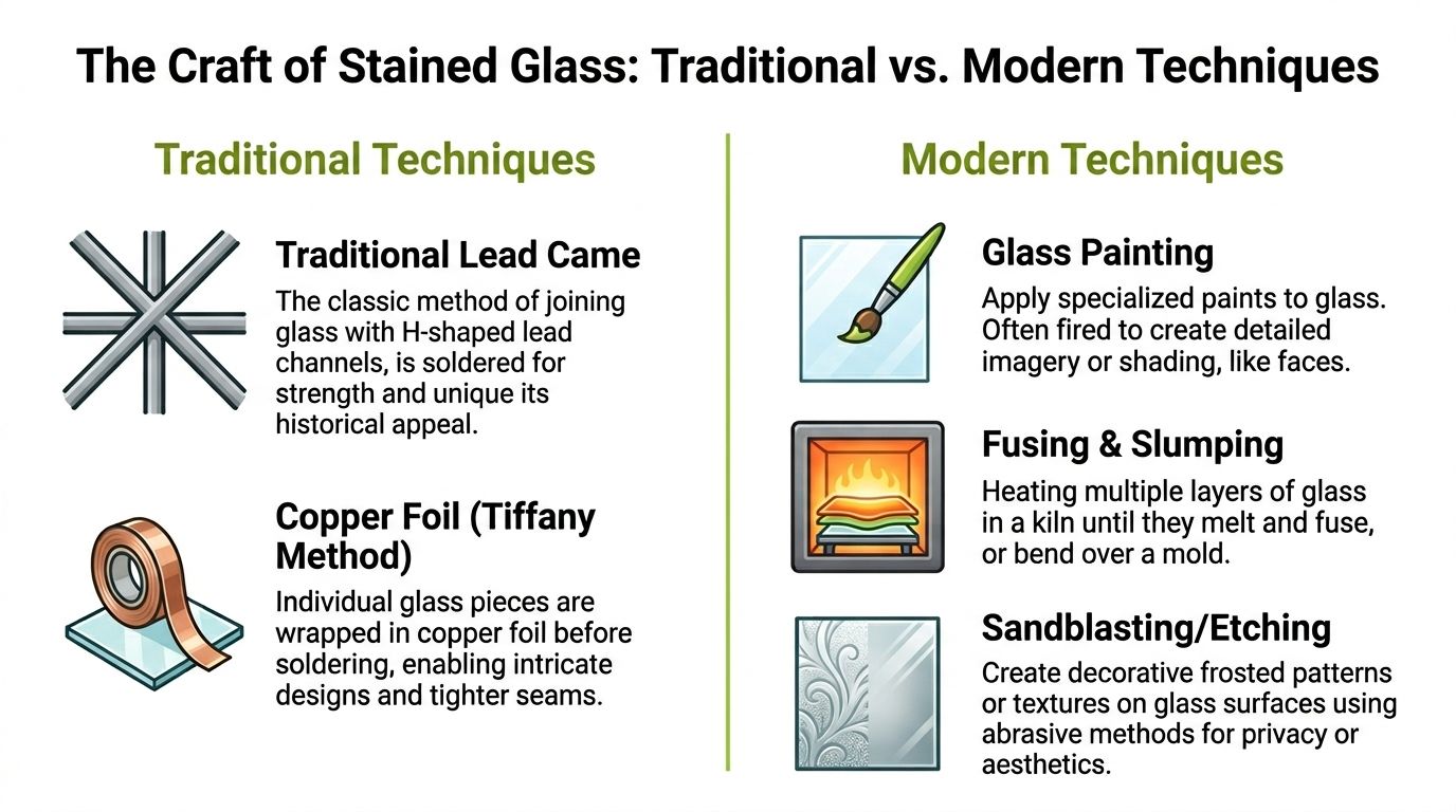 A comparison chart showing traditional stained glass techniques versus modern methods like fusing and etching.