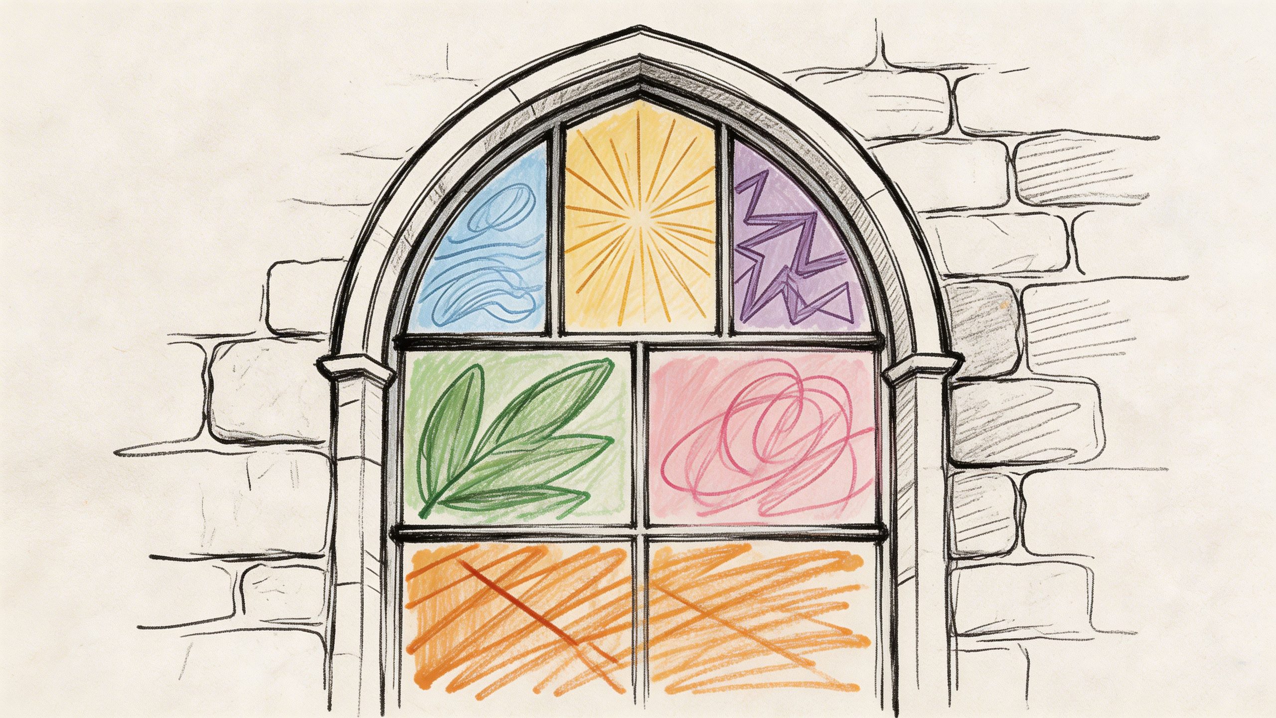 A pencil sketch of an arched stone window filled with various colored and patterned stained glass panes.
