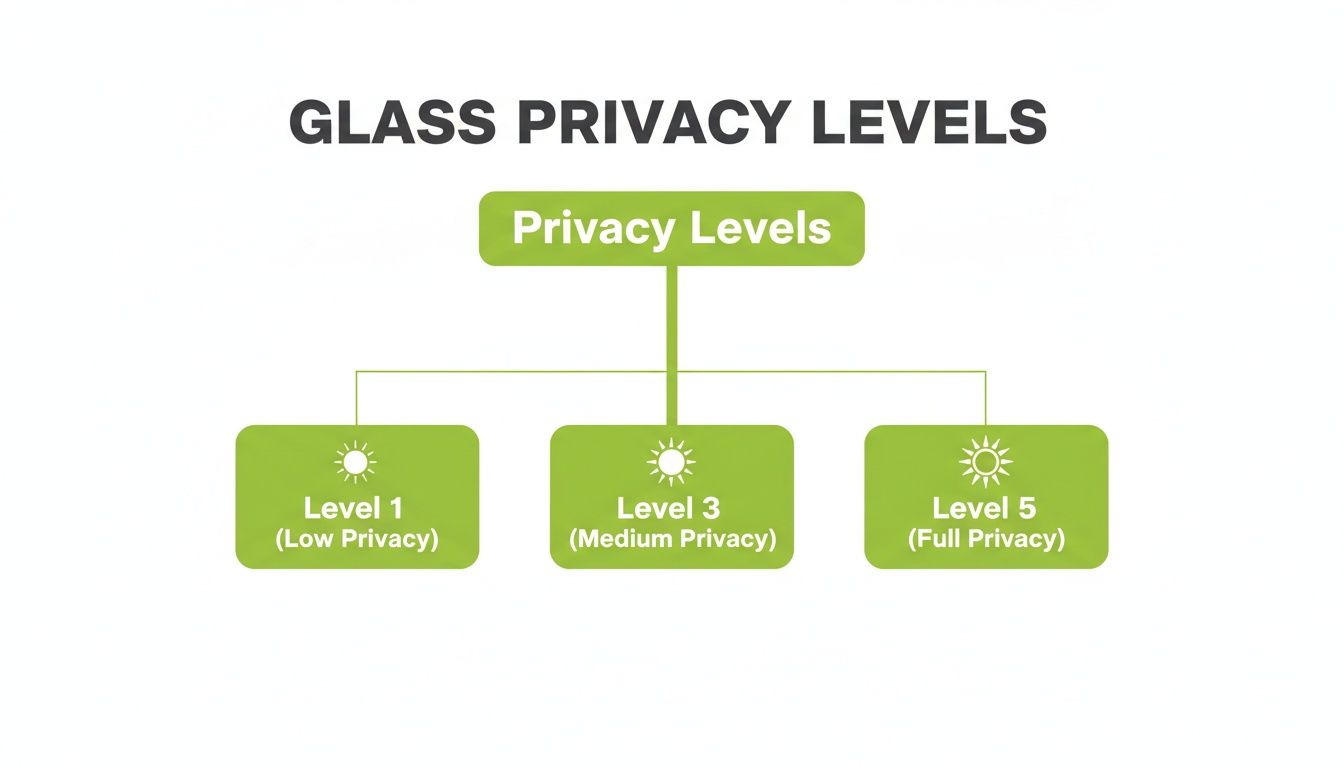 A diagram illustrating glass privacy levels: Level 1 (Low), Level 3 (Medium), and Level 5 (Full privacy).