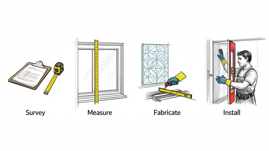 Illustration depicting the four steps of glass installation: survey, measure, fabricate, and install.
