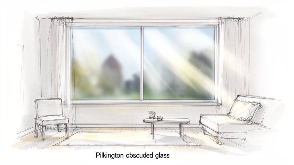 A bright interior view of a room with a large window featuring Pilkington obscured glass, showing blurred outdoor scenery and sunlight.