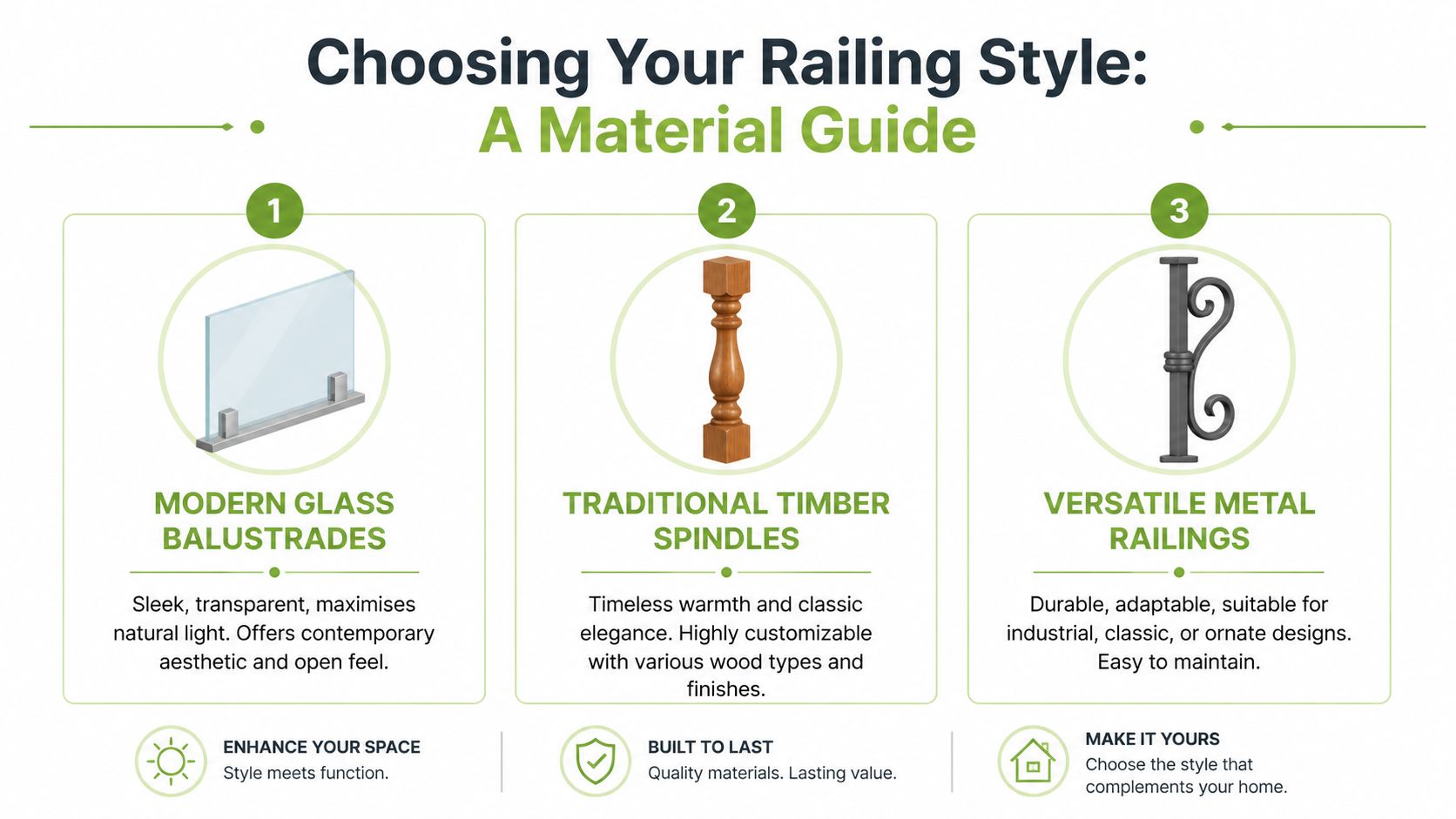 A guide comparing three types of railing styles for indoor stairs: glass balustrades, timber spindles, and metal railings.