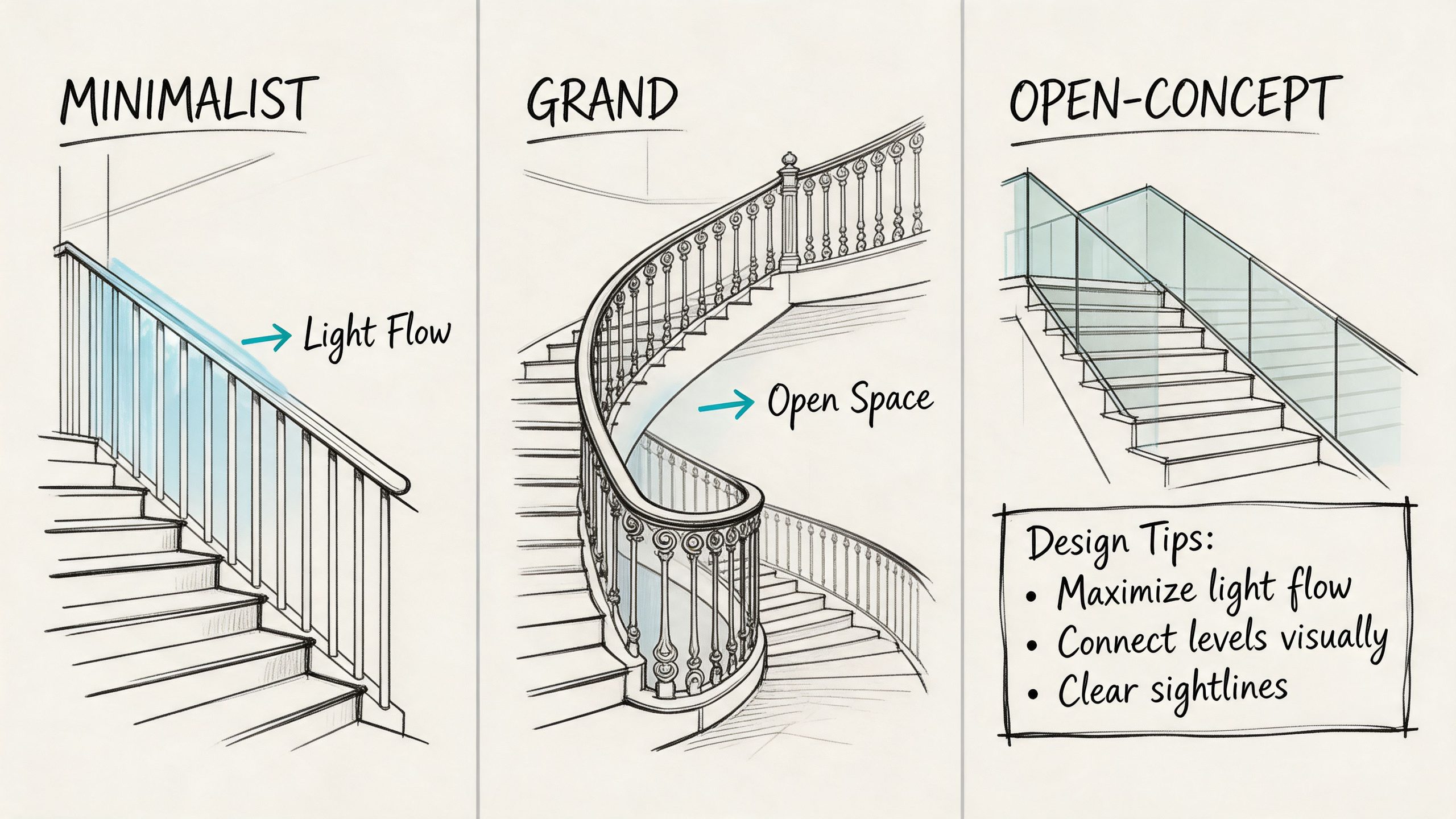 A hand-drawn illustration showing three different styles of indoor stair railings: minimalist, grand, and open-concept designs.