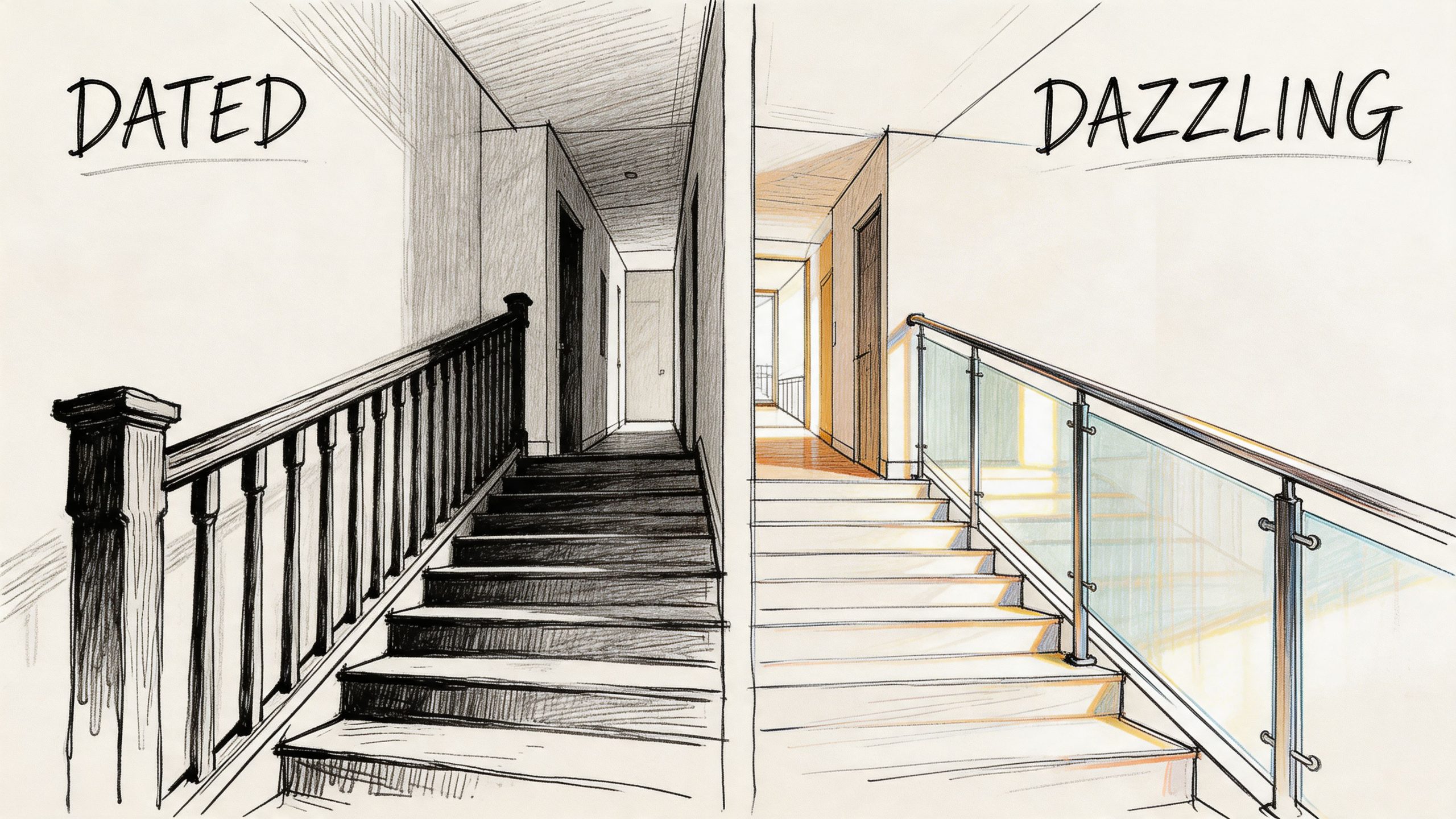 A split image illustration comparing a traditional wooden staircase railing with a modern glass balustrade design.