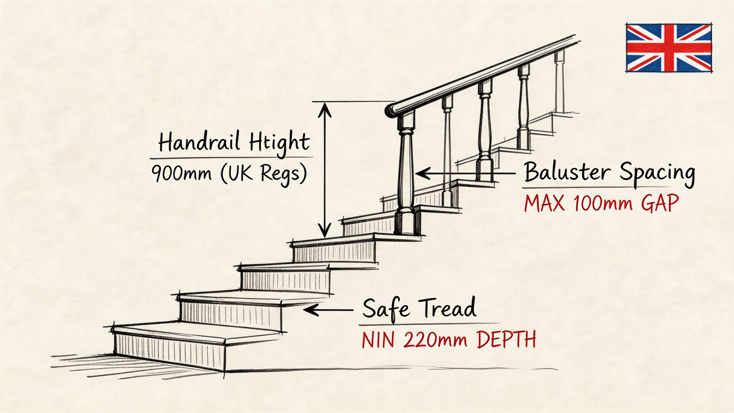 A diagram illustrating UK building regulation standards for staircases, including handrail height, baluster spacing, and tread depth.