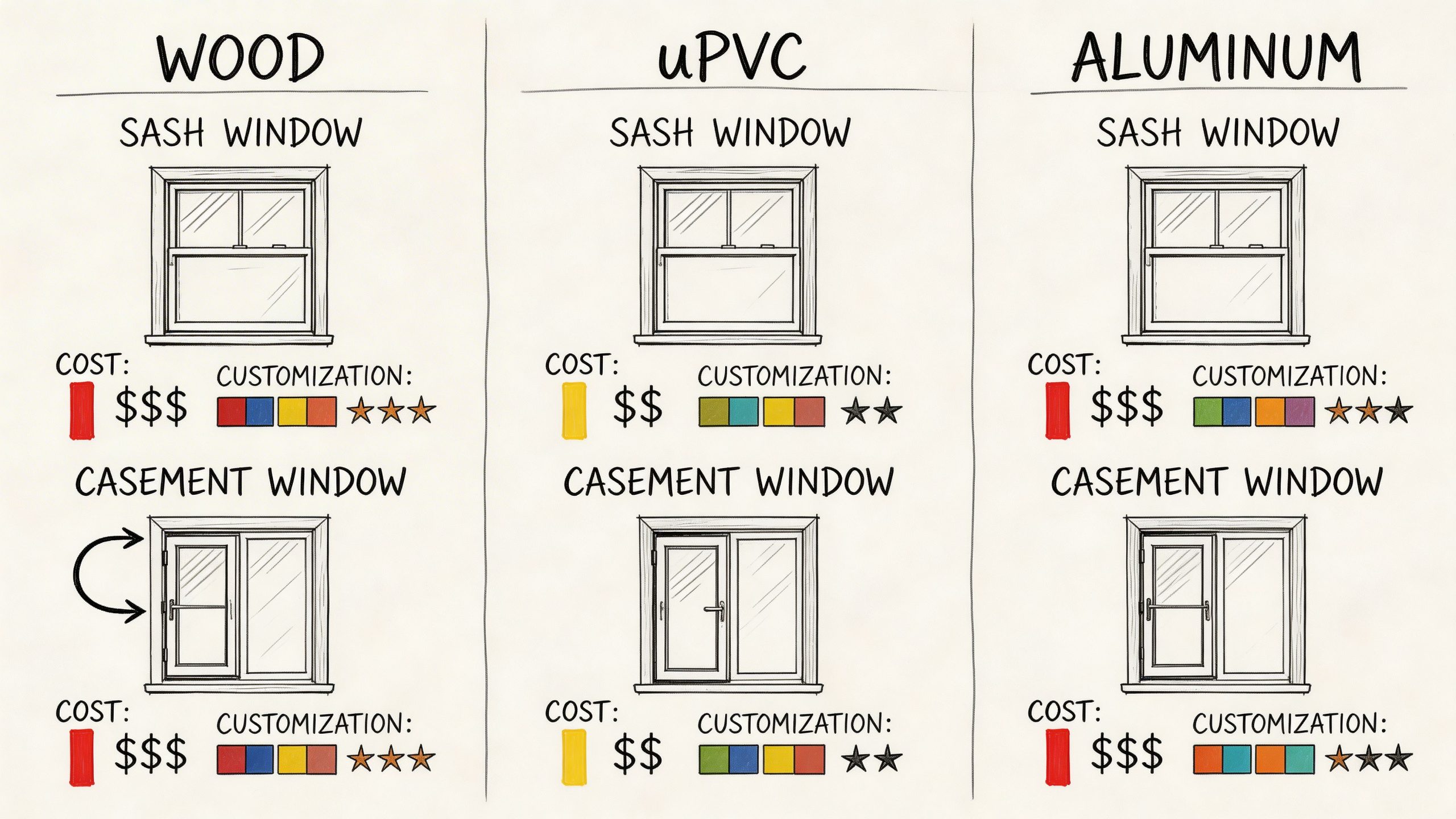 A comparison chart showing wood, uPVC, and aluminum sash and casement windows with cost and customization ratings.