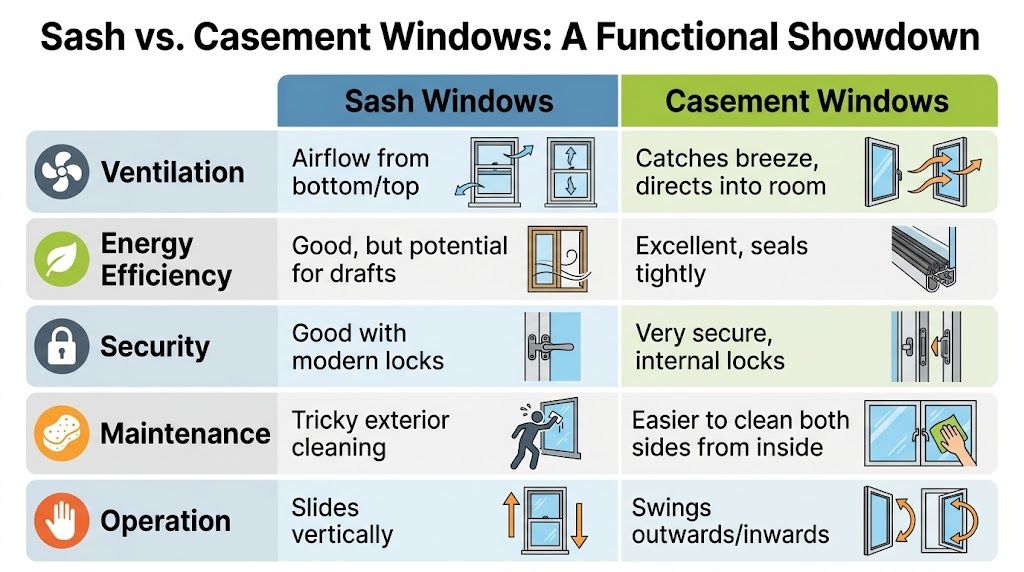 A comparison chart showing the differences between sash and casement windows regarding ventilation, efficiency, security, maintenance, and operation.
