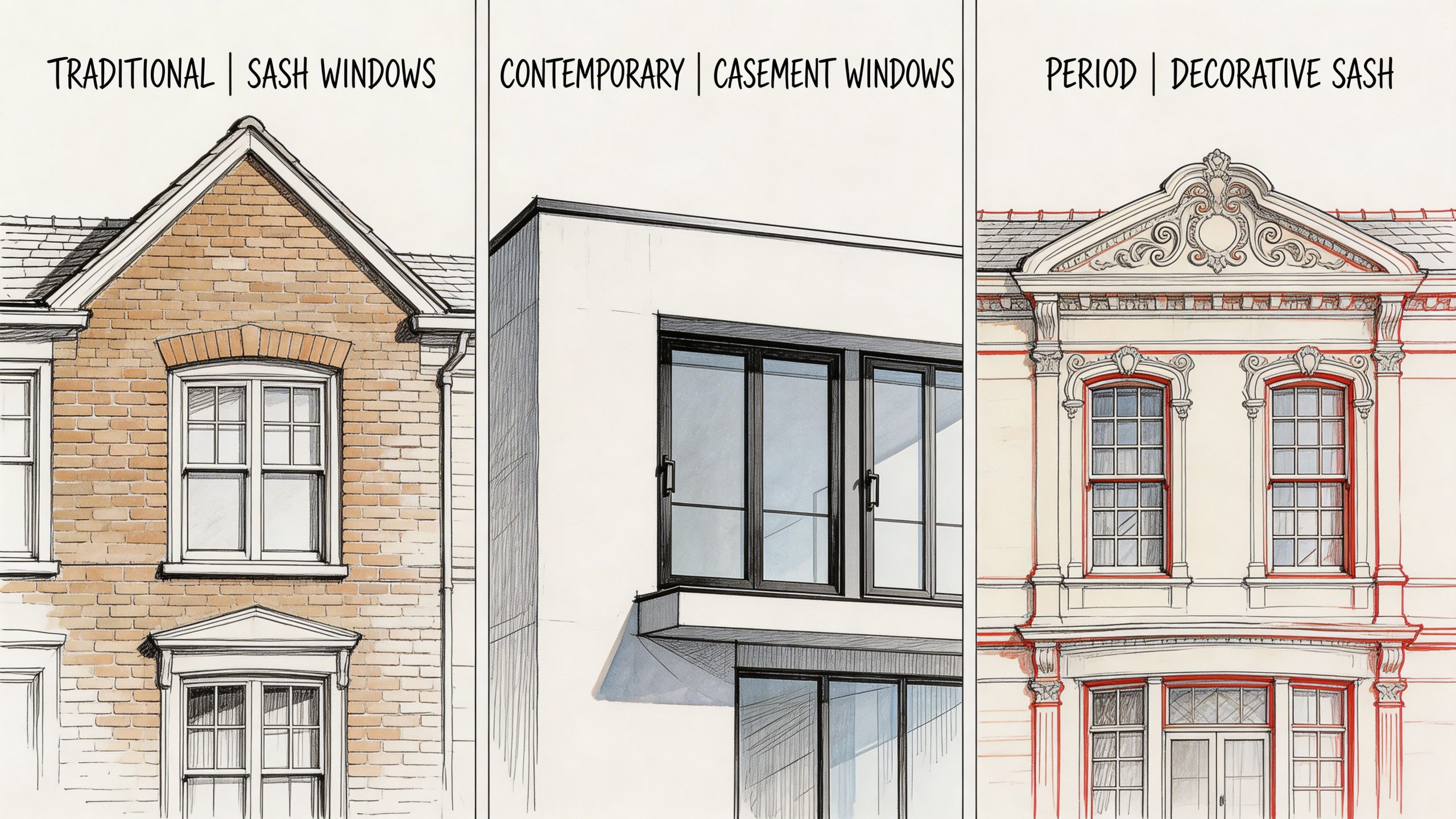 A detailed architectural illustration comparing traditional sash, contemporary casement, and decorative period sash window styles on buildings.