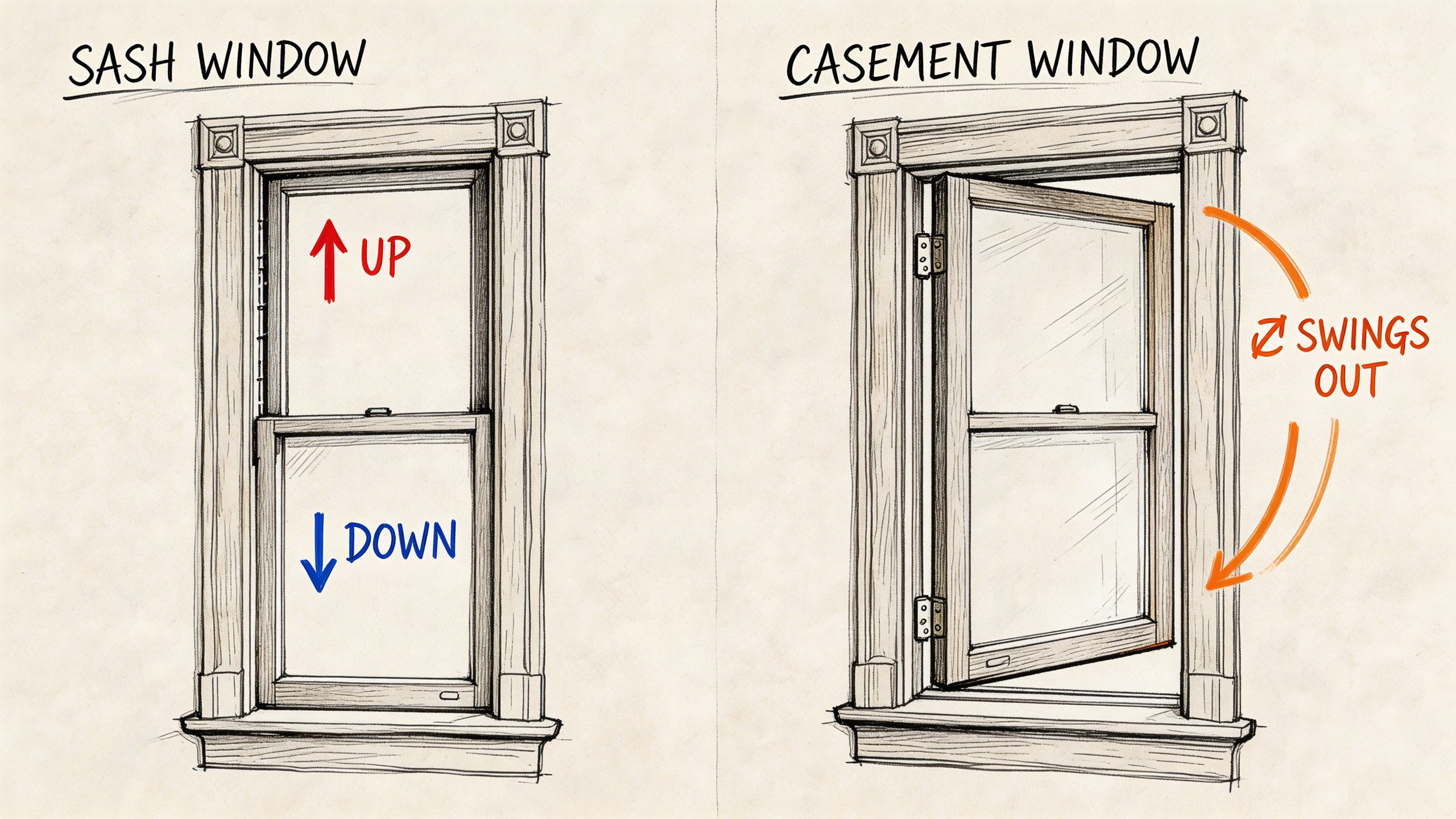 A diagram comparing the opening mechanisms of a vertical sash window and a side-hinged casement window.