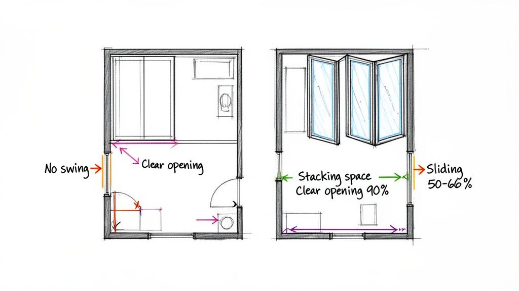 Floor plans compare sliding, bifold, and swing doors, illustrating clear openings and stacking space.