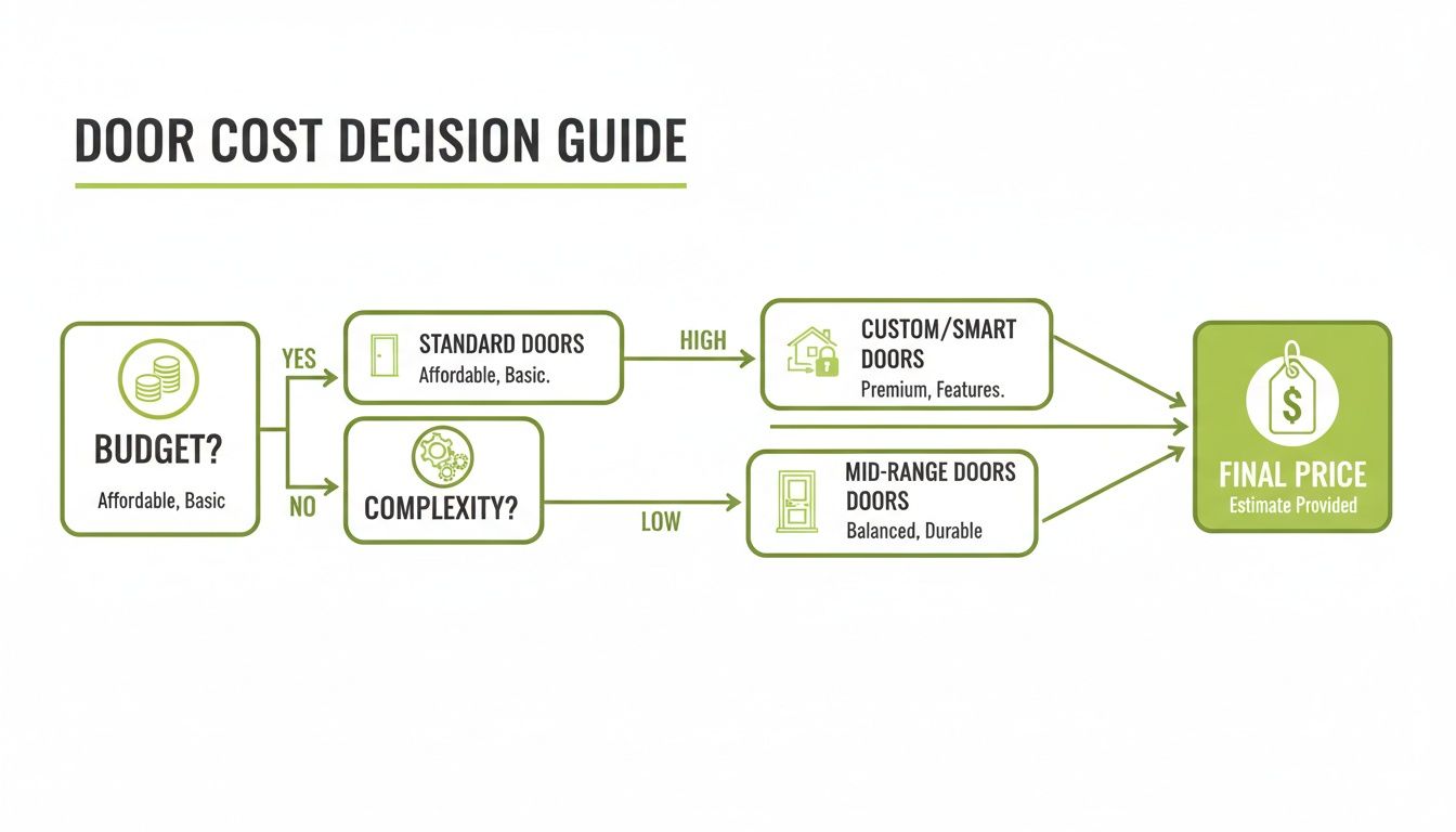 A flowchart decision guide for door costs, illustrating choices based on budget and complexity for standard, mid-range, or custom doors.