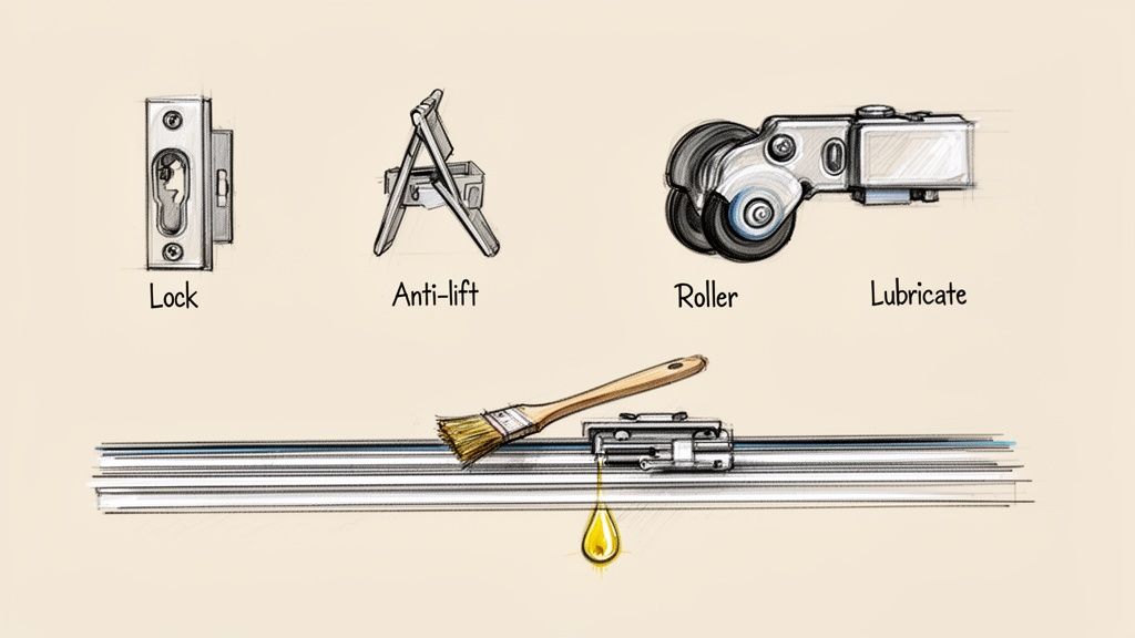 Sketches showing sliding or bifold door components: lock, anti-lift, roller, and lubrication process.