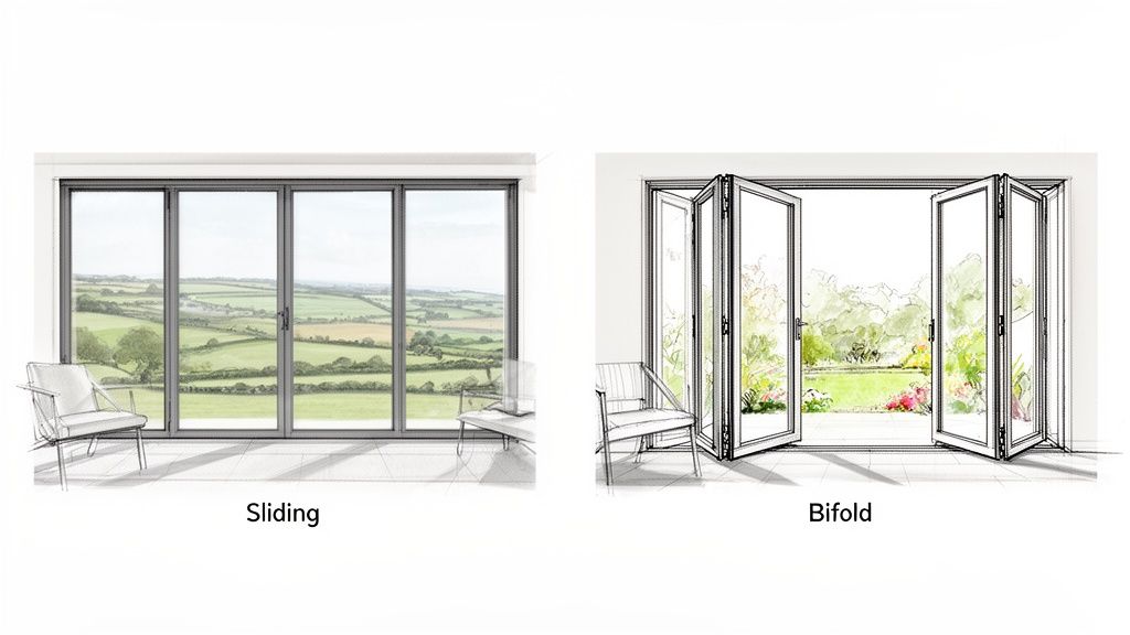 Two diagrams illustrating different patio door types: sliding doors viewing fields, and bifold doors opening to a garden.