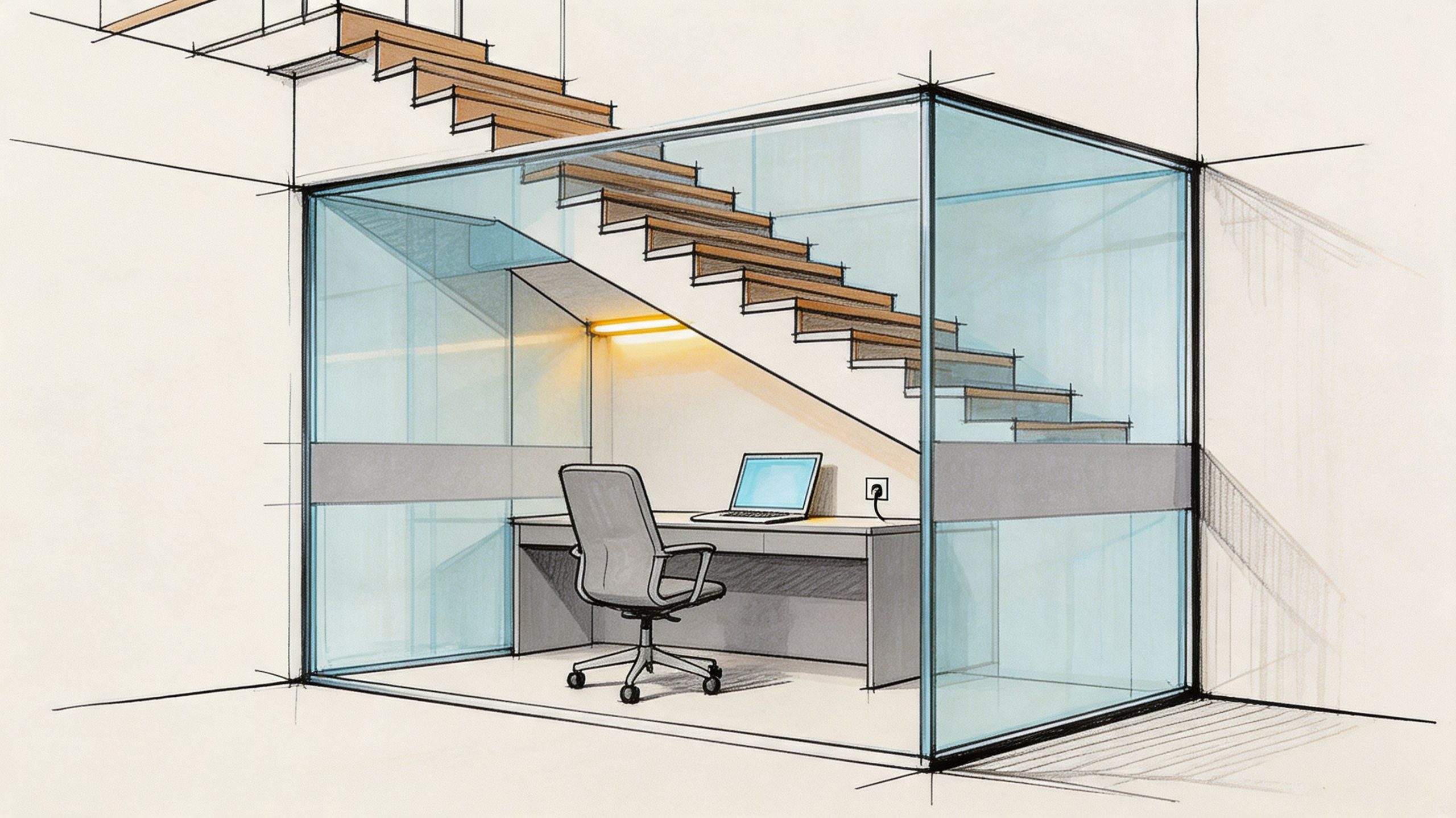 A modern workspace office pod constructed with glass walls tucked neatly underneath a wooden staircase.