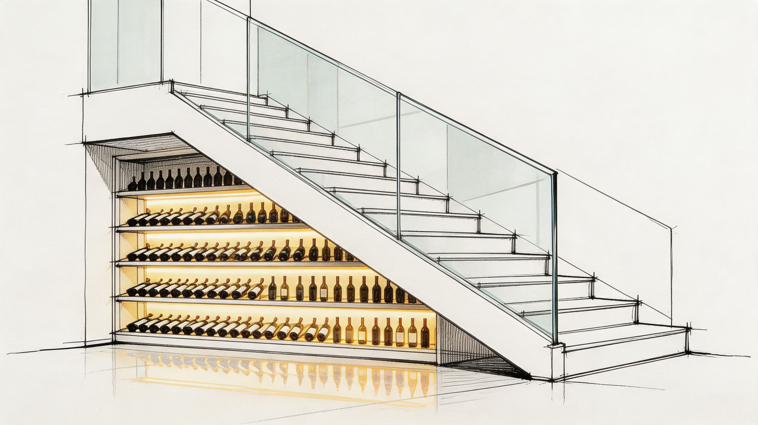 A modern architectural sketch showcasing a custom wine storage cellar built into the space under staircase ideas.