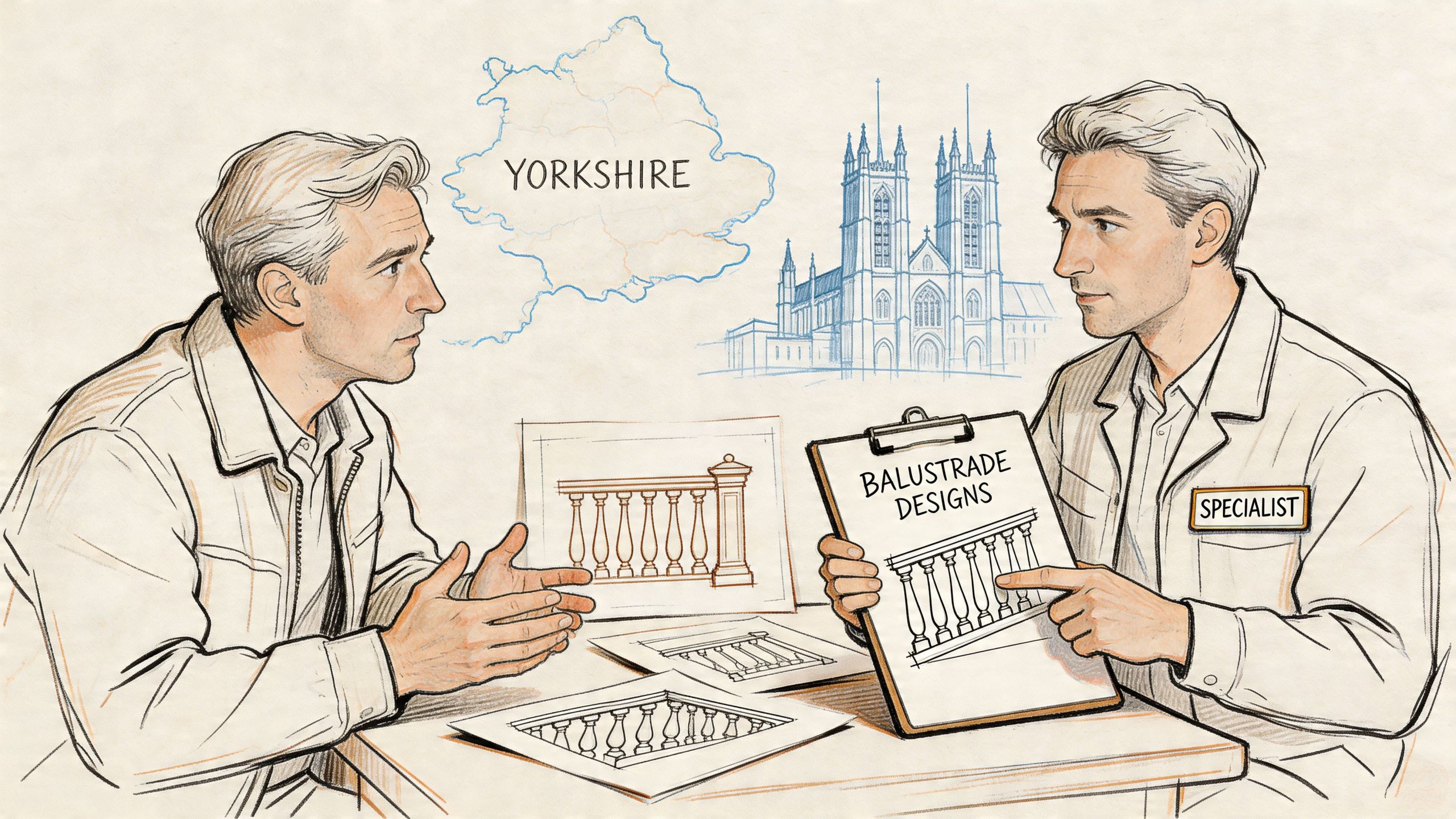 A professional architectural consultation featuring a specialist presenting balustrade designs to a client in Yorkshire.