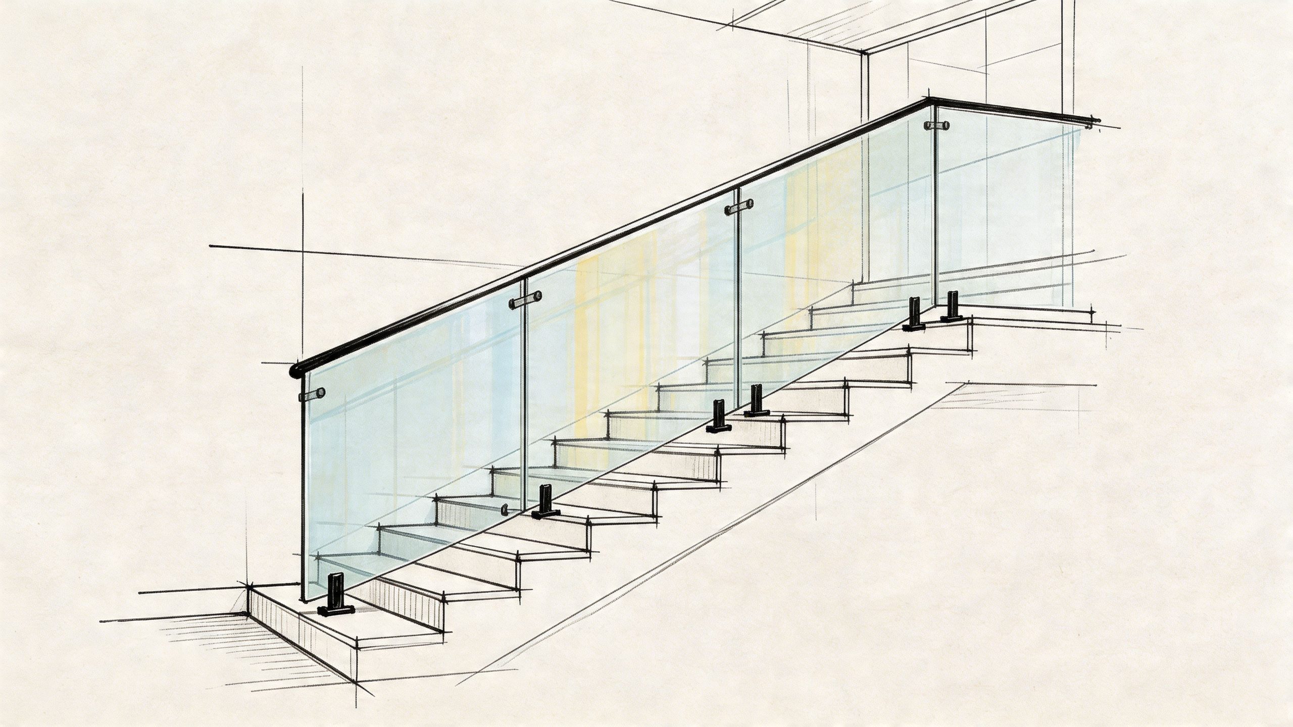 A minimalist architectural sketch of a staircase featuring modern glass balustrades with black metallic hardware details.