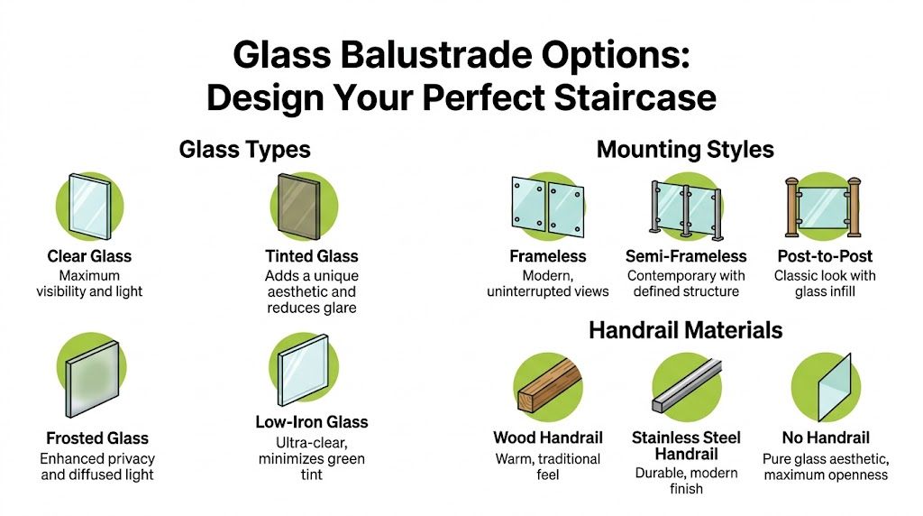 An infographic displaying various glass balustrade options including glass types, mounting styles, and handrail materials for staircases.