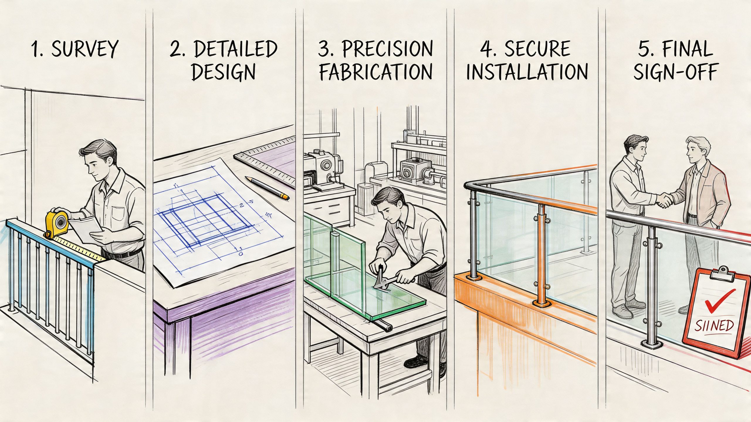 A five-step infographic showing the professional process of survey, design, fabrication, installation, and final glass balustrade sign-off.