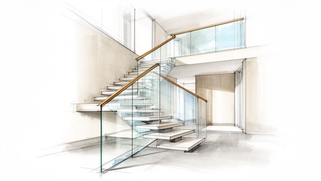 A modern architectural sketch of a sleek floating staircase with glass railings in a minimalist home interior.
