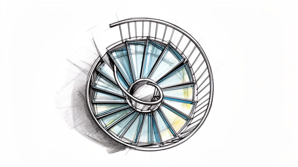 A pencil and watercolor architectural sketch showing a top-down view of a modern spiral staircase design.
