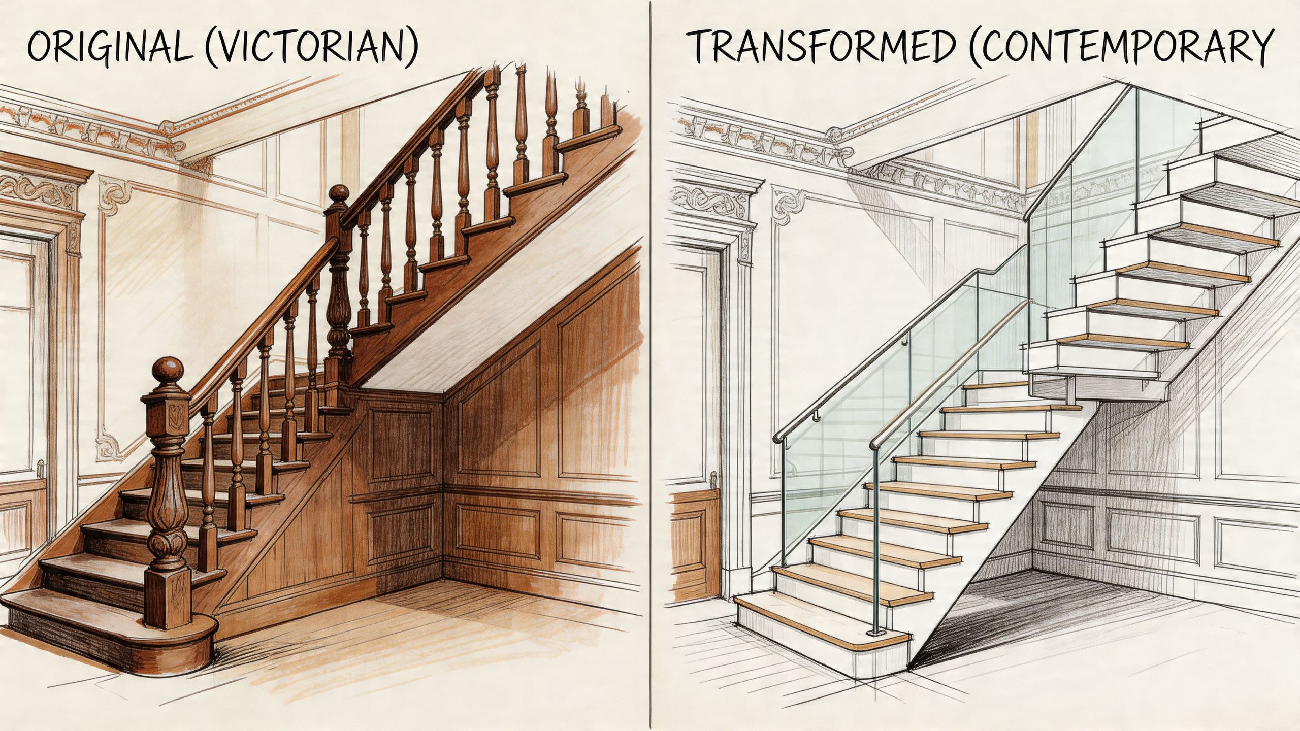 A split image showing a classic Victorian wooden staircase versus a modern contemporary glass staircase design renovation.