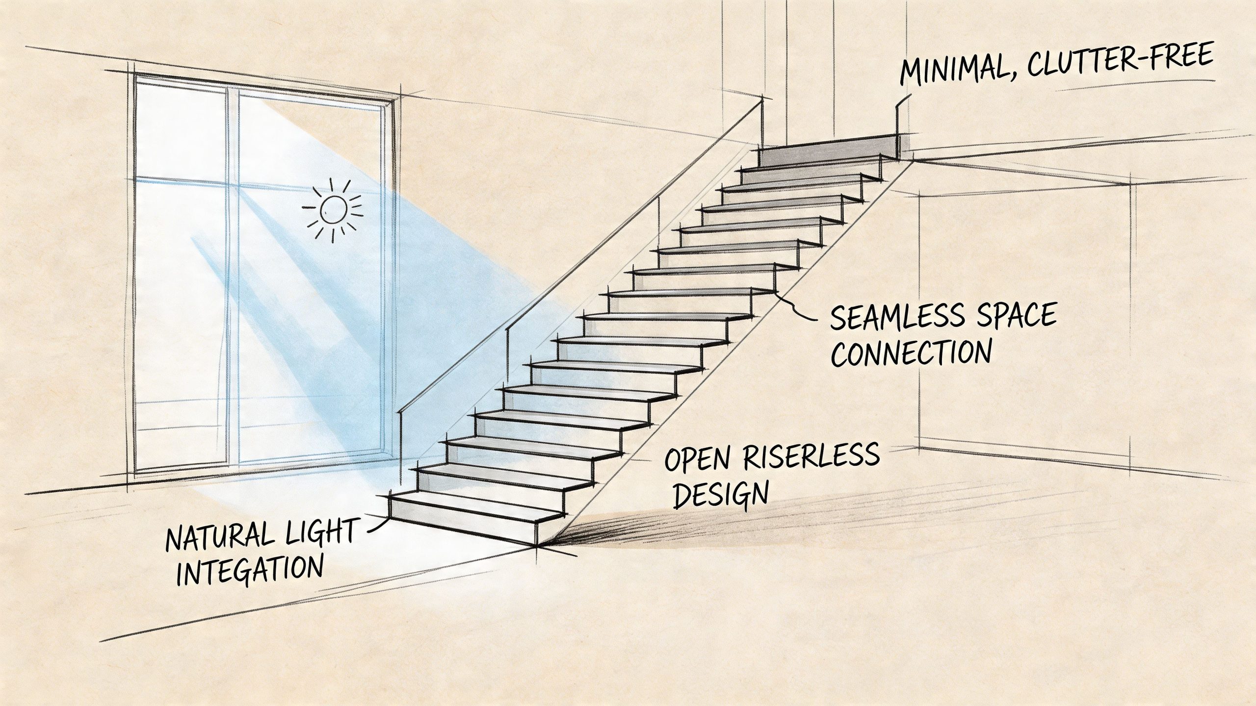 A pencil sketch of a modern, open-riser staircase design with minimalist architecture and natural sunlight illumination.