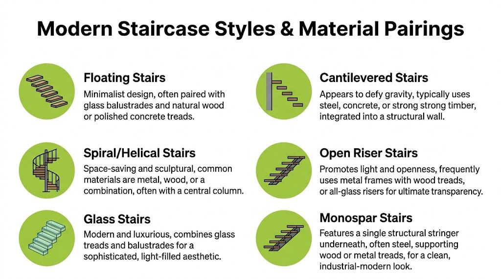 An infographic detailing six popular modern staircase styles, including their design features and common material combinations.