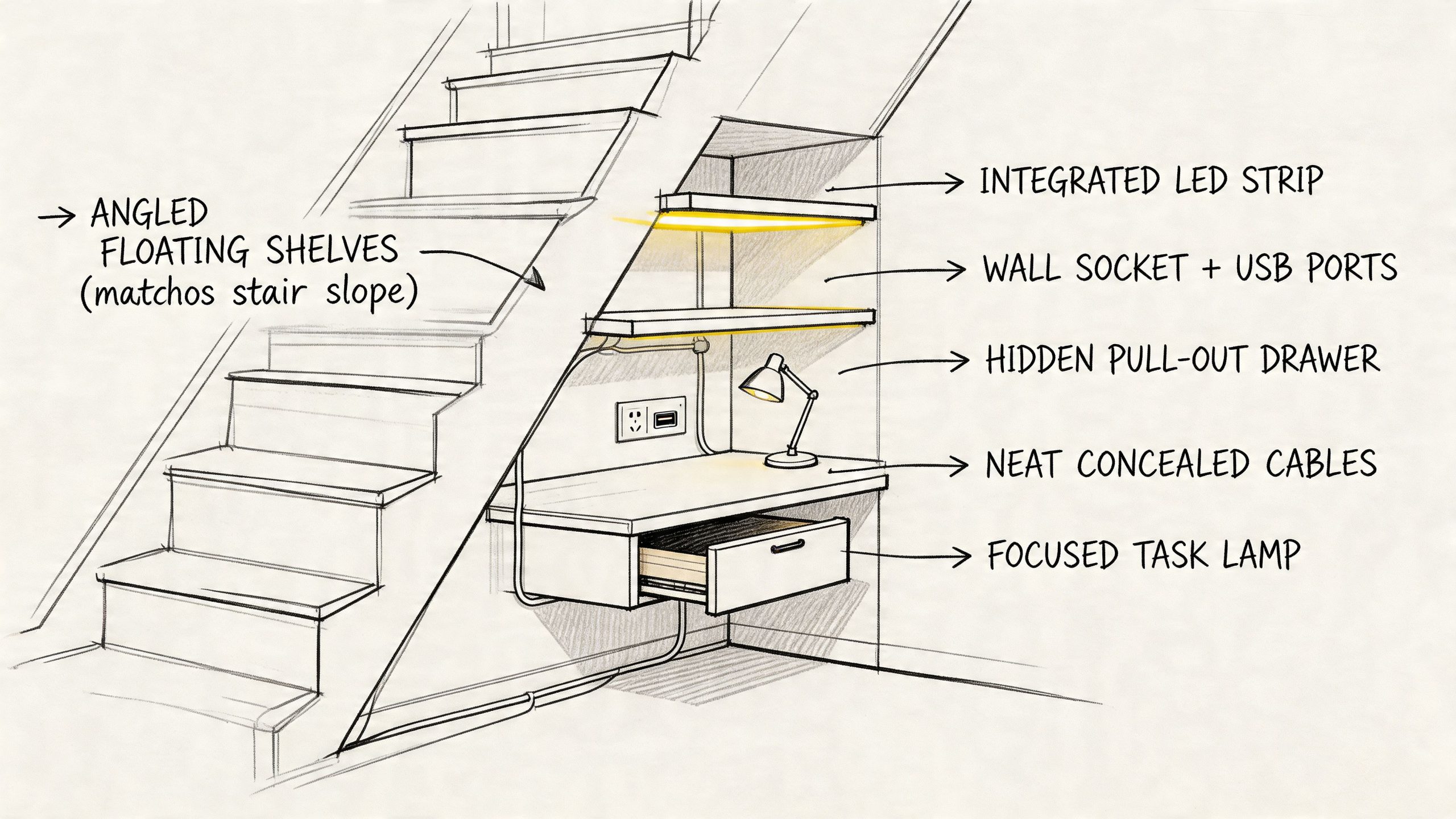 A pencil sketch illustration of a compact home office workspace built into the alcove under stairs.