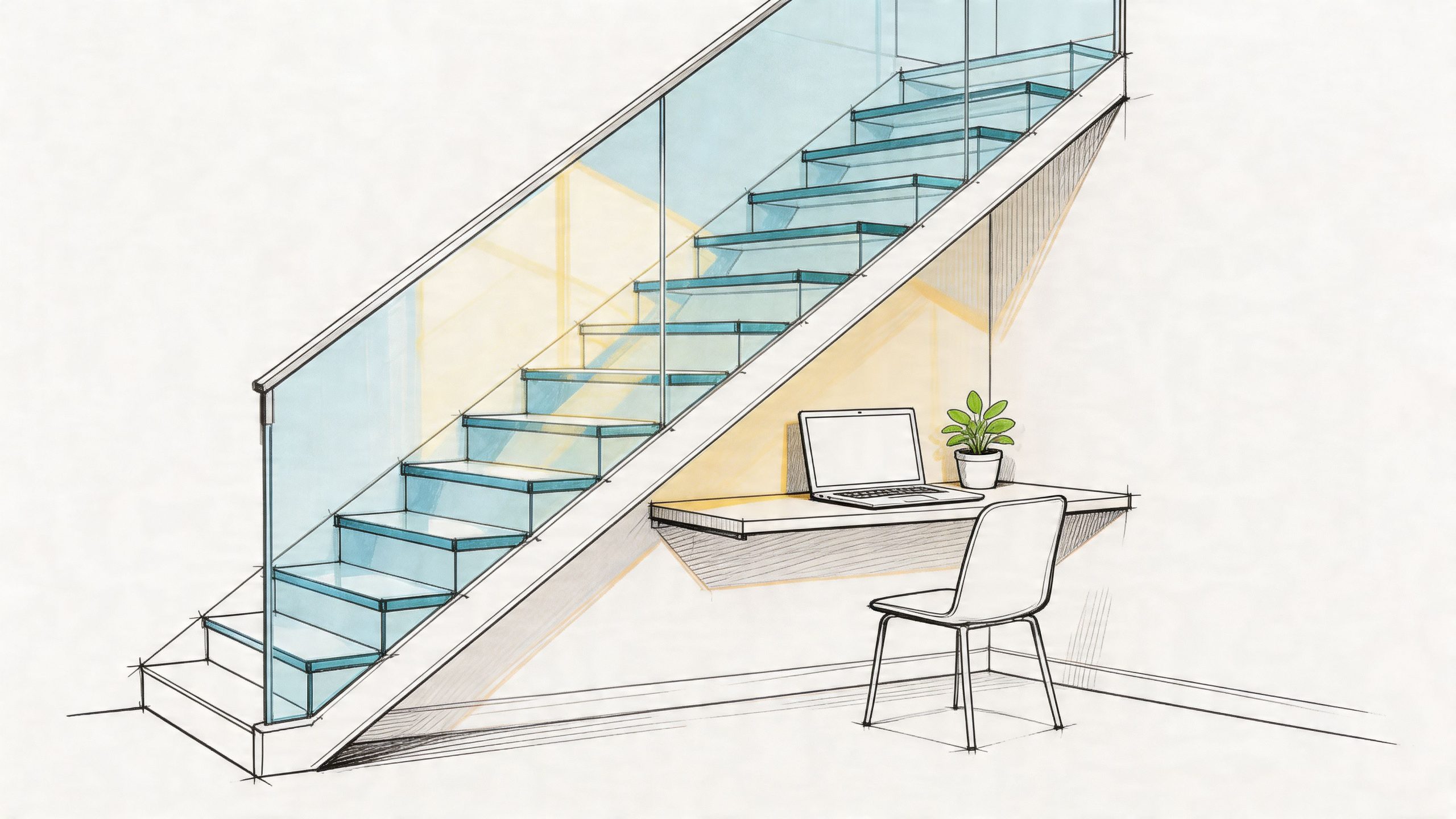 A modern architectural sketch showing a minimalist desk and chair tucked neatly under a glass staircase.