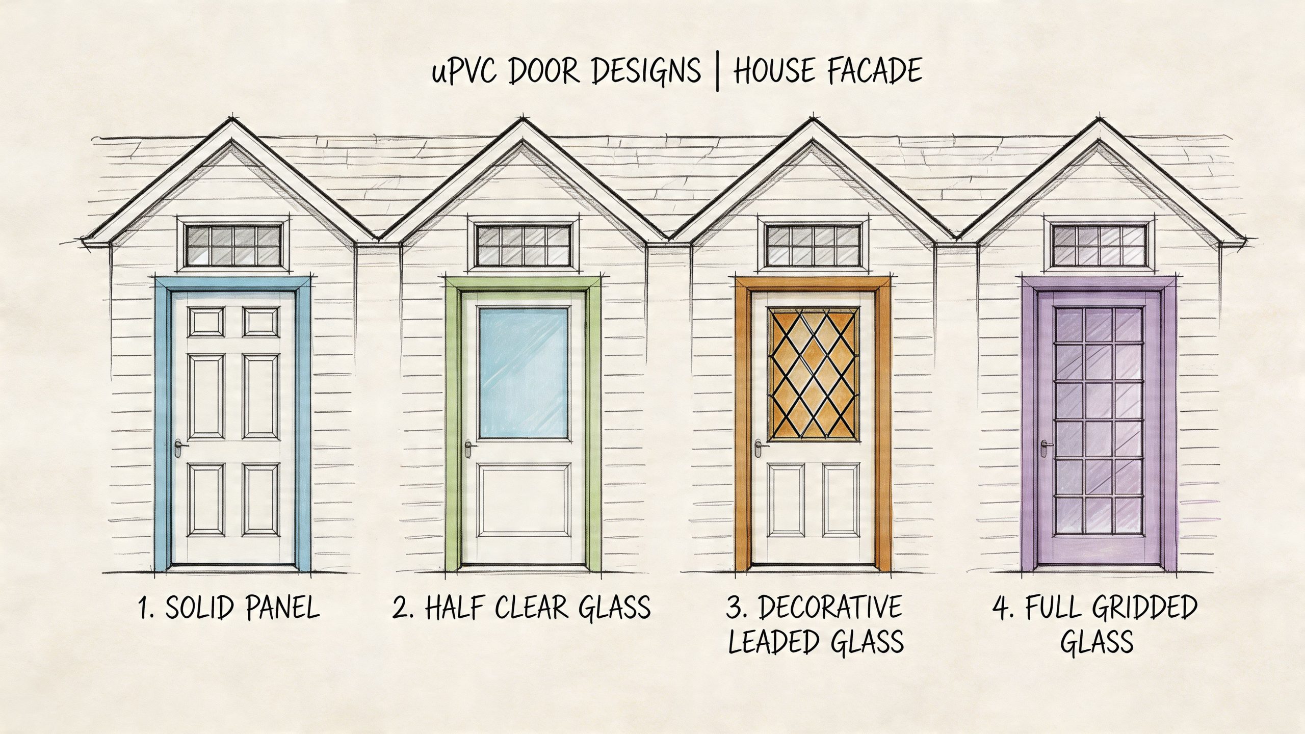A line art drawing showing four different styles of uPVC doors with glass panels and decorative frames.