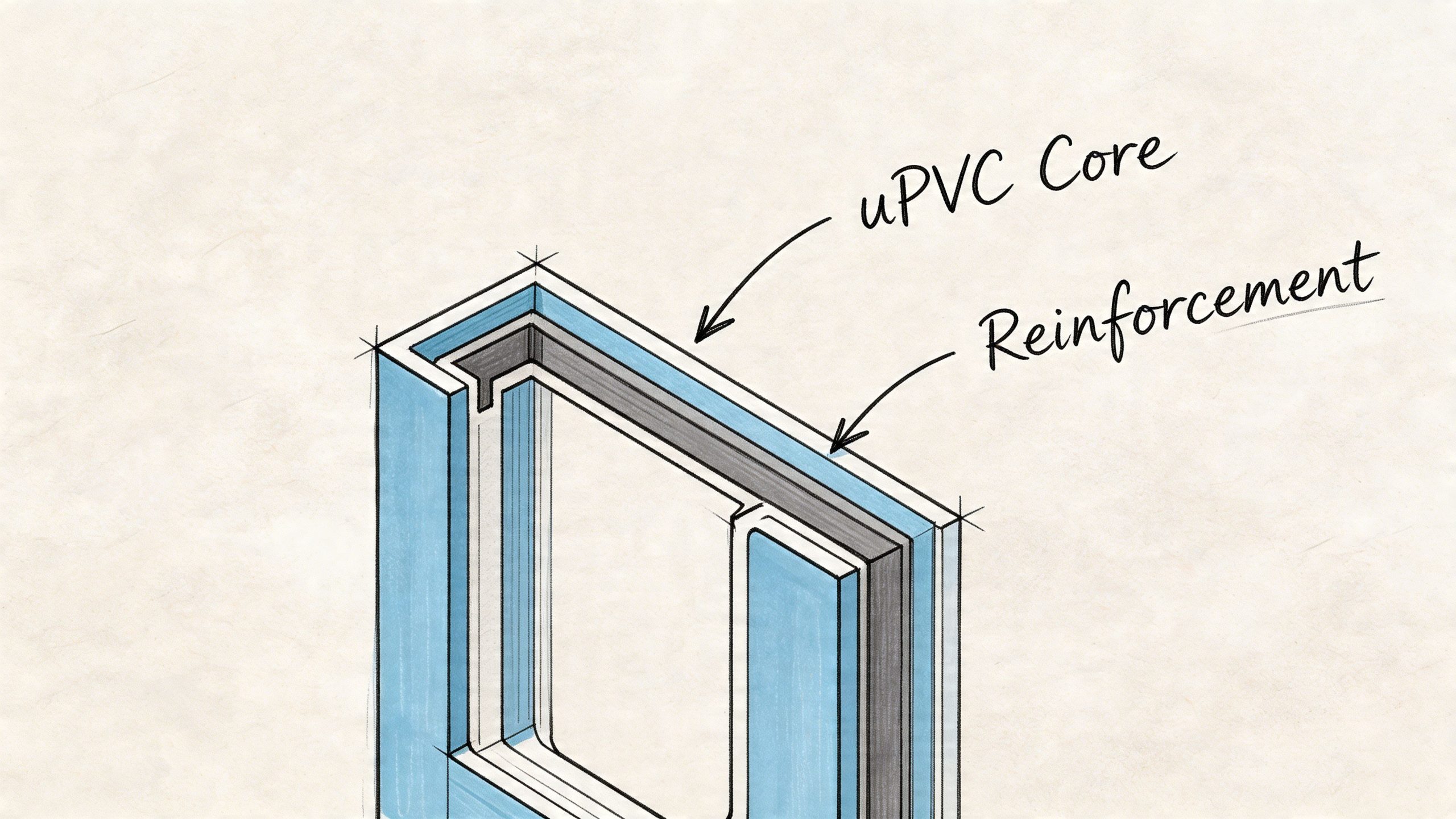 A technical diagram illustrating the structural cross-section of a uPVC door frame, highlighting the reinforced internal construction.