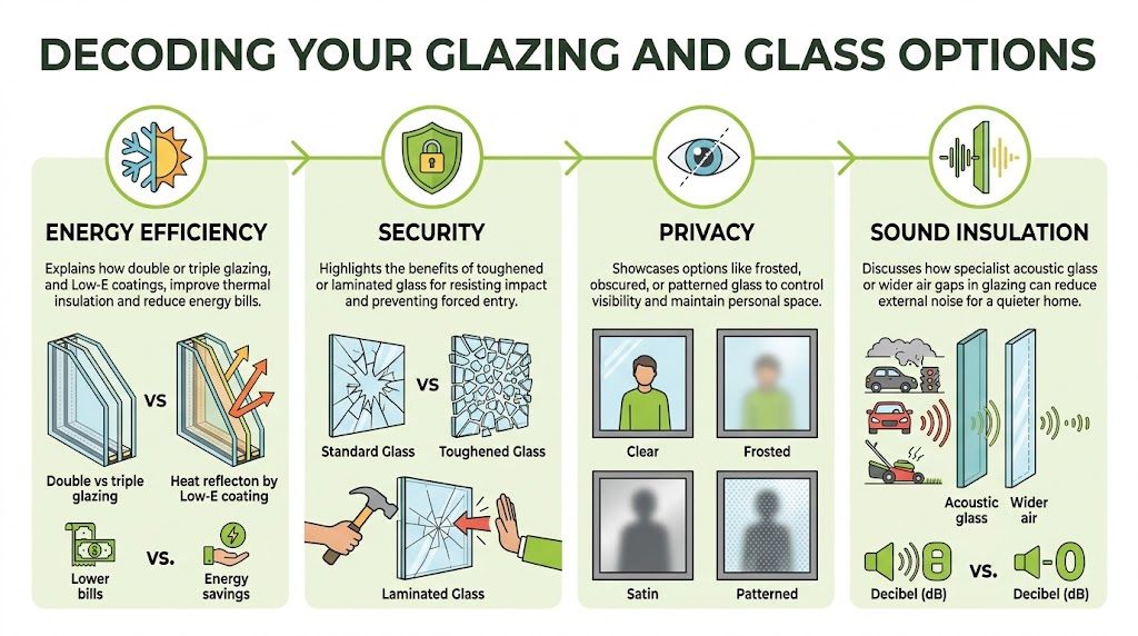 An infographic titled Decoding Your Glazing and Glass Options illustrating benefits like energy efficiency, security, privacy, and sound insulation.